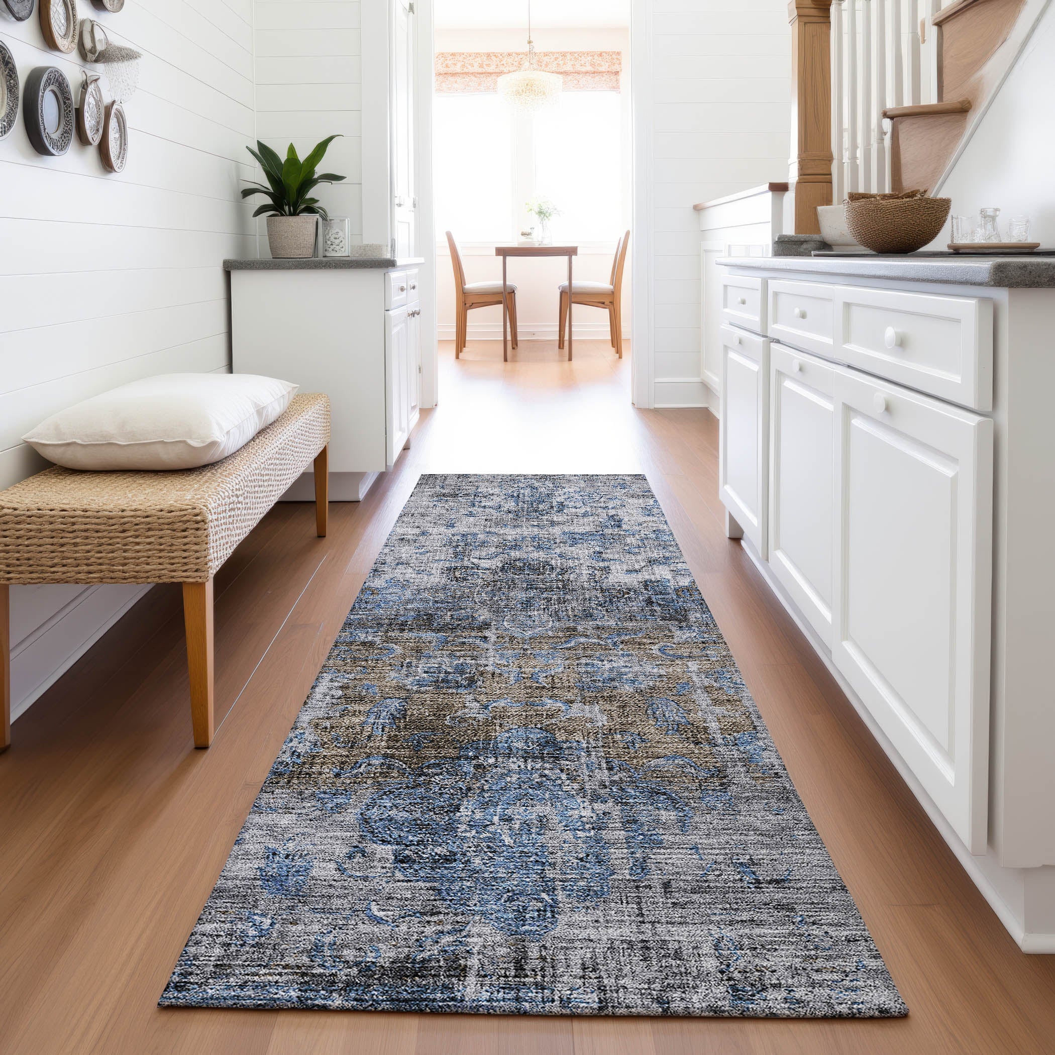 Montevideo Machine Washable Traditional Blue Rug 2'3" x 7'6" #shape_Runner