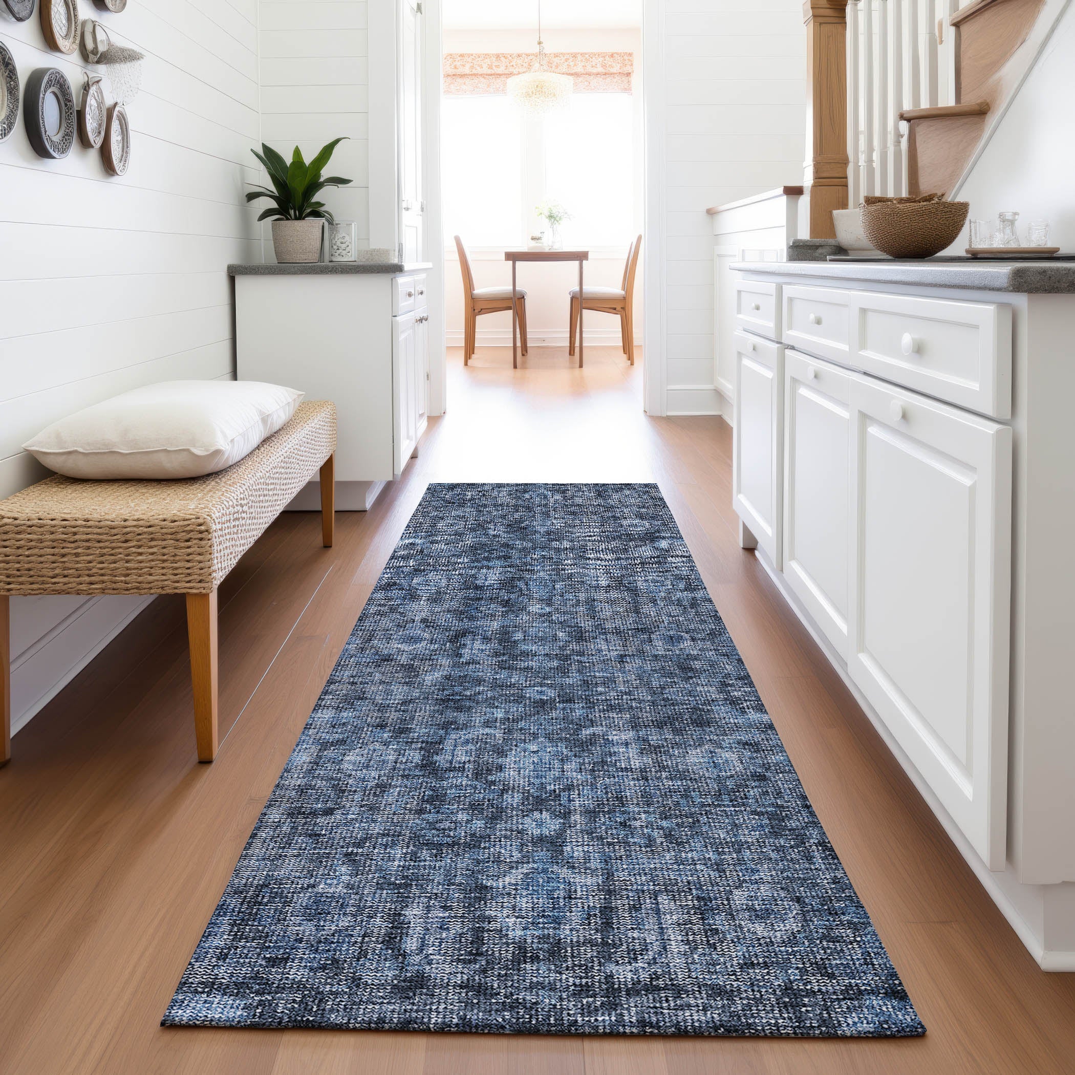 Vienna Machine Washable Transitional Blue Rug 2'3" x 7'6" #shape_Runner