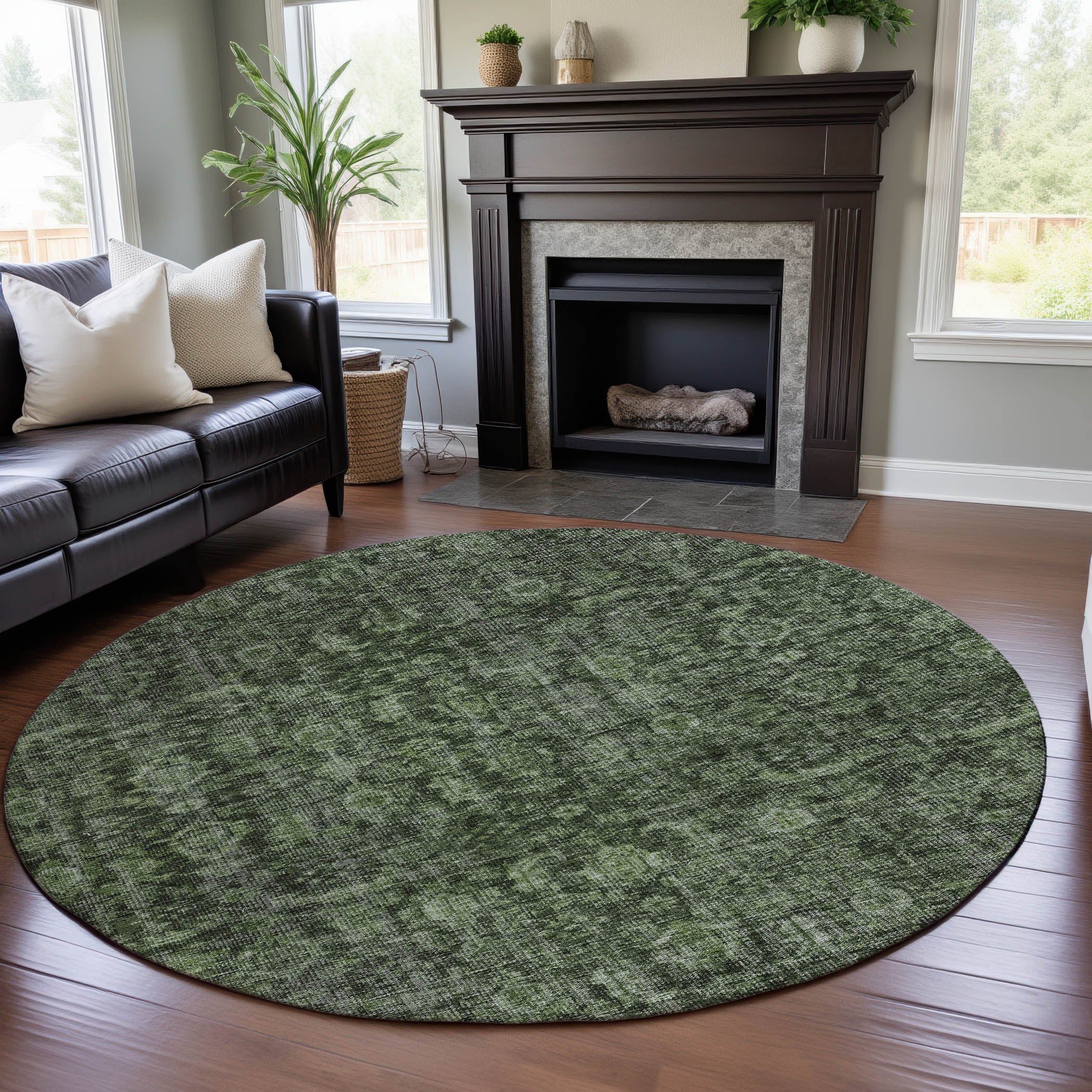 Vienna Machine Washable Transitional Cactus Green Rug 8' x 8' #shape_Round