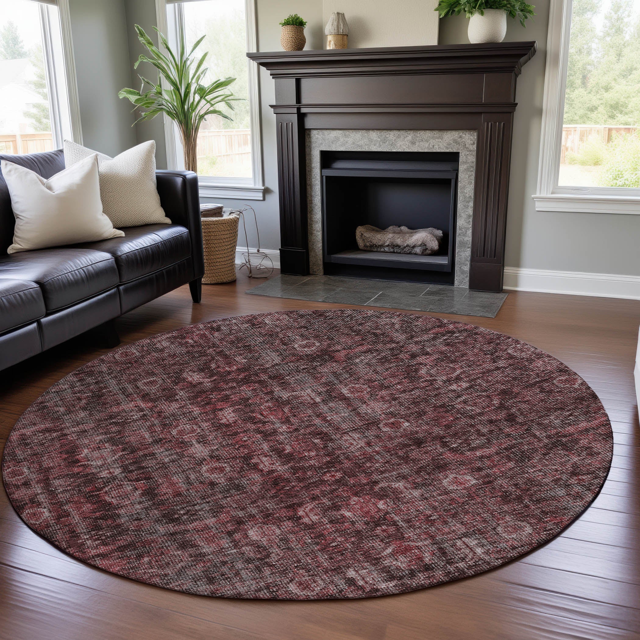 Vienna Machine Washable Transitional Pink Rug 8' x 8' #shape_Round