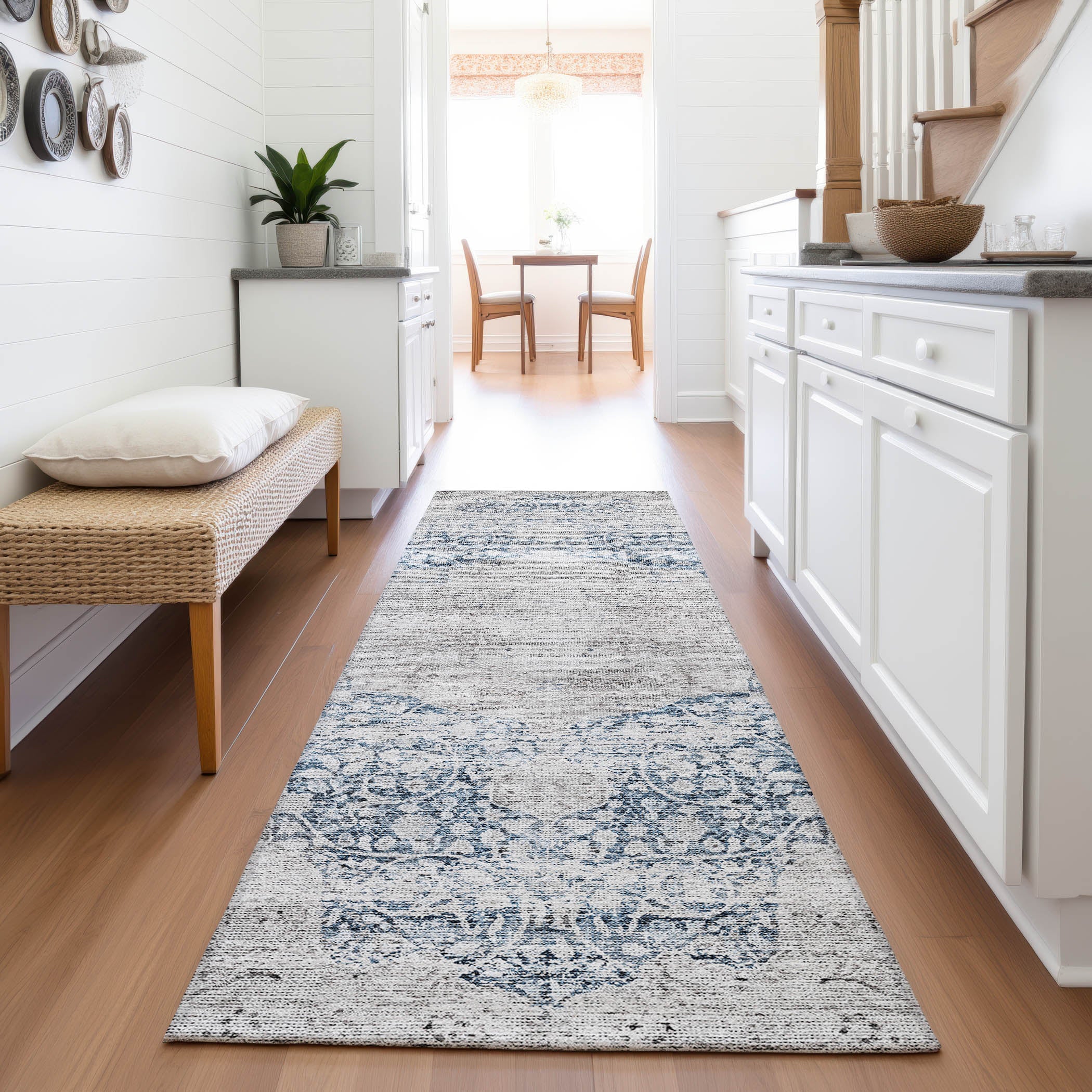 Bergen Machine Washable Traditional Blue Rug 2'3" x 7'6" #shape_Runner