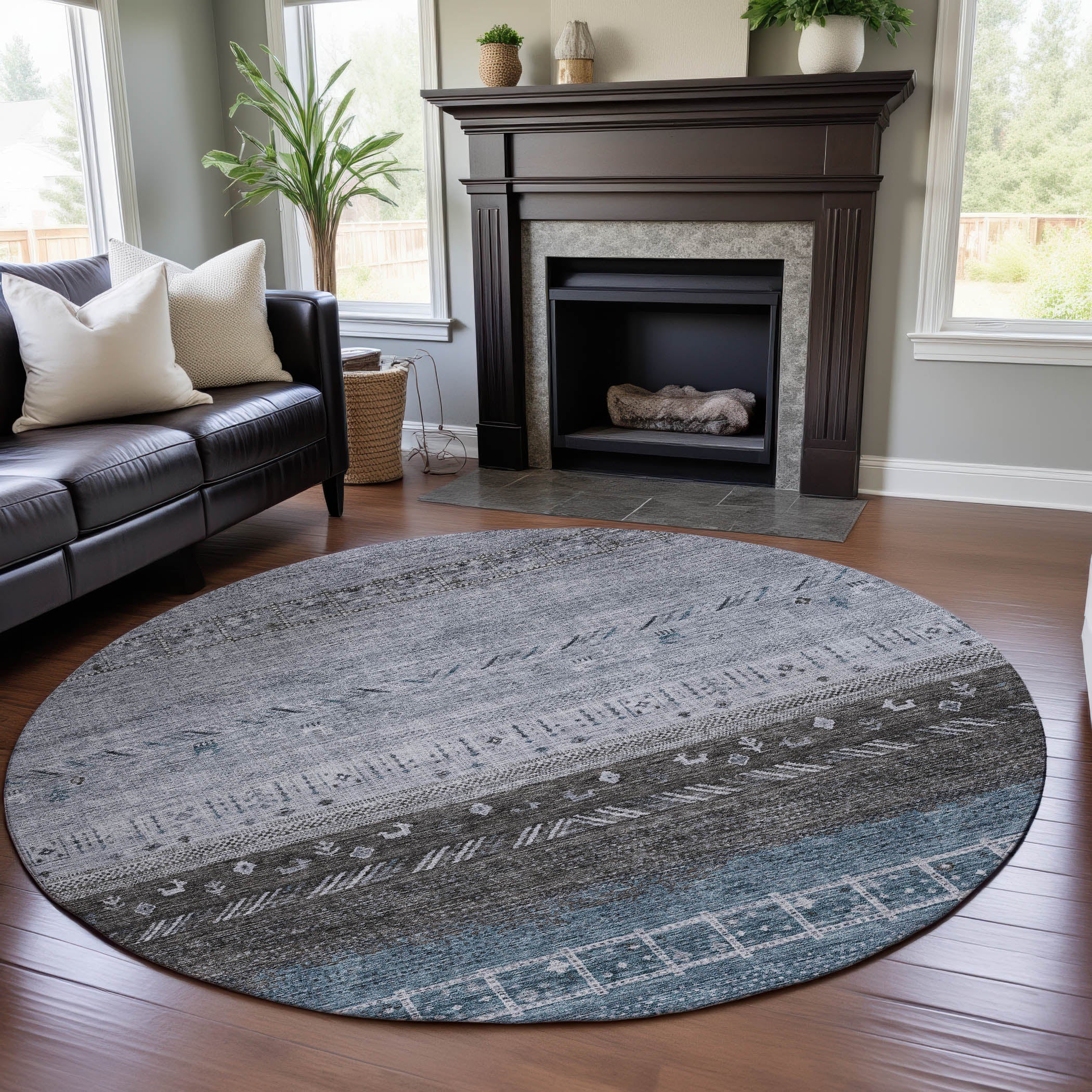 Cusco Machine Washable Transitional Blue Rug 8' x 8' #shape_Round