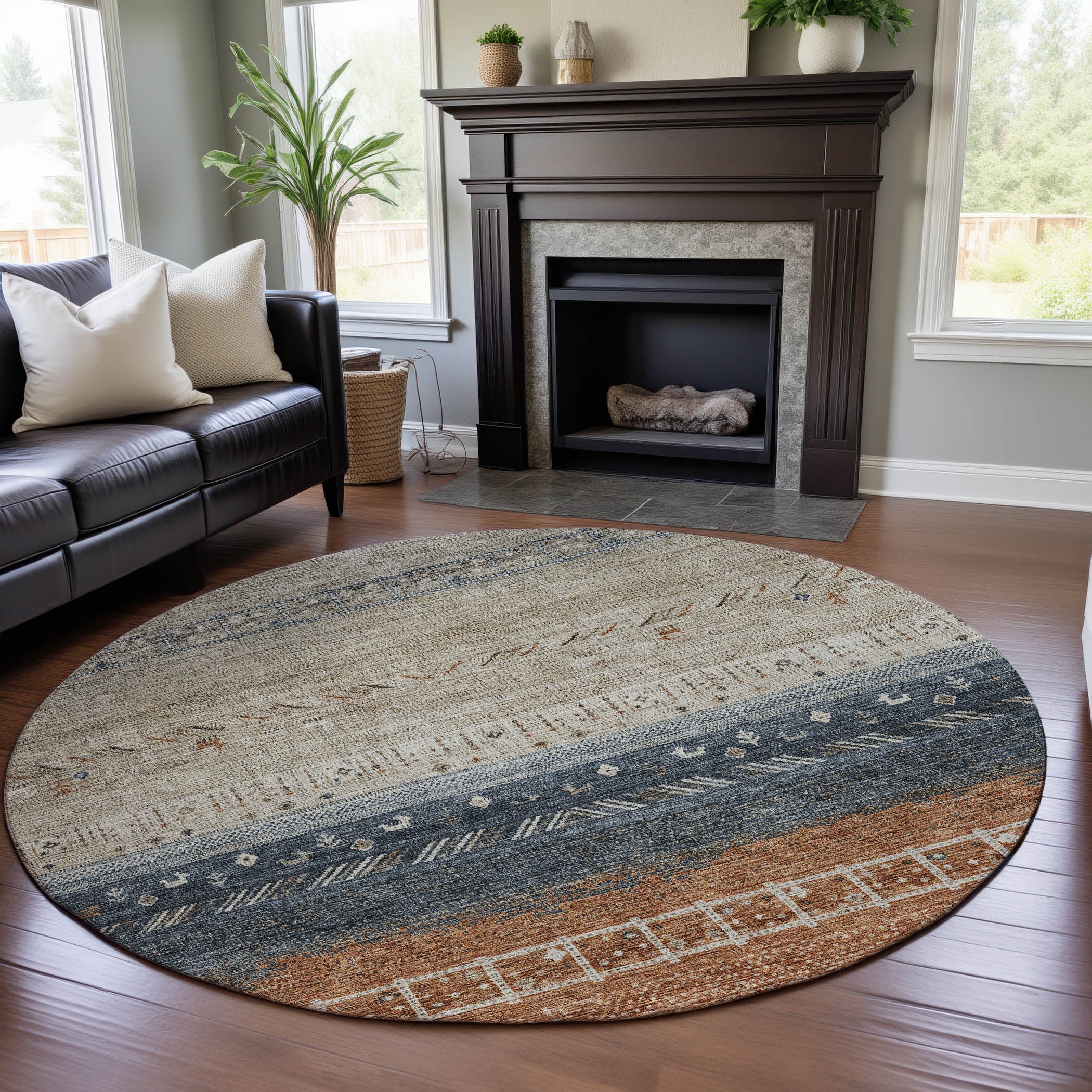Cusco Machine Washable Transitional Brown Rug 8' x 8' #shape_Round