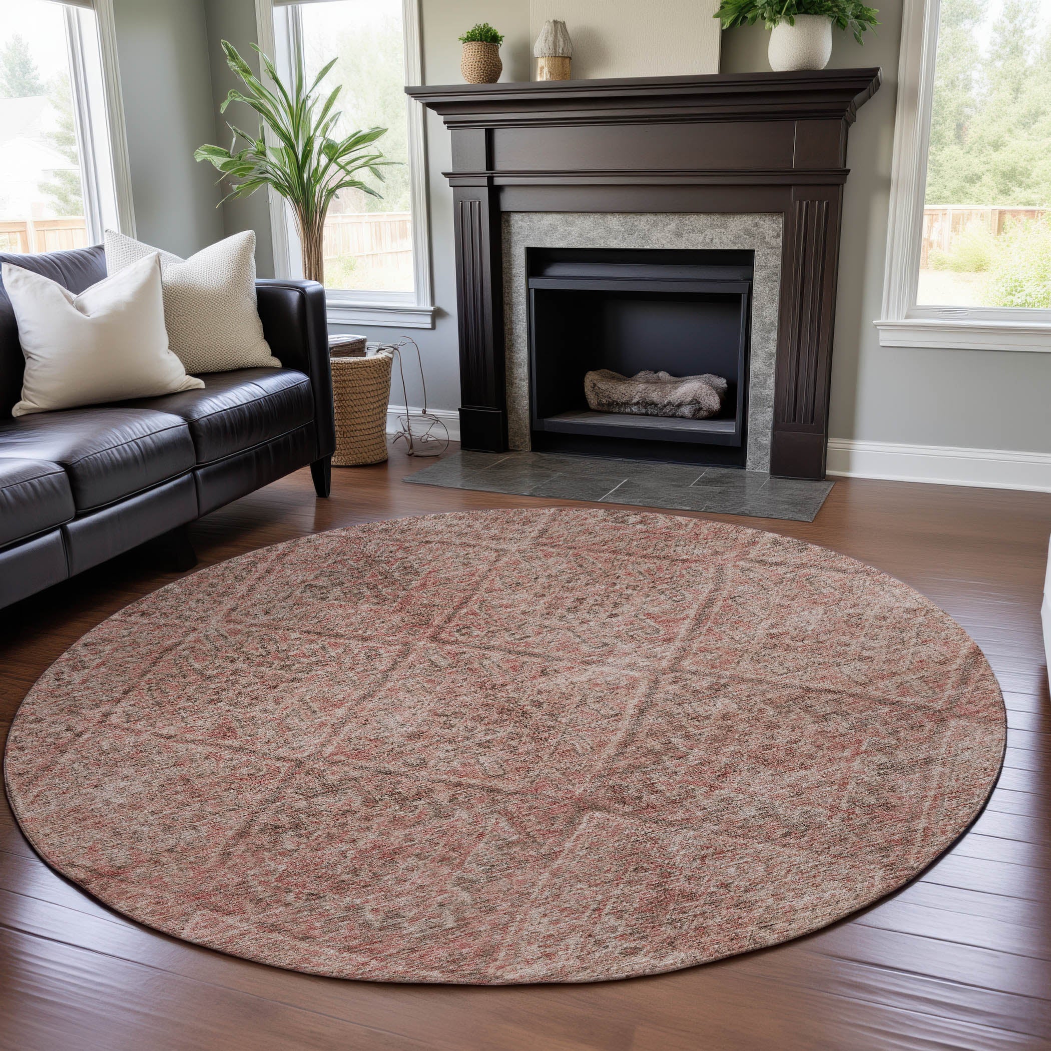 Zanzibar Machine Washable Transitional Pink Rug 8' x 8' #shape_Round