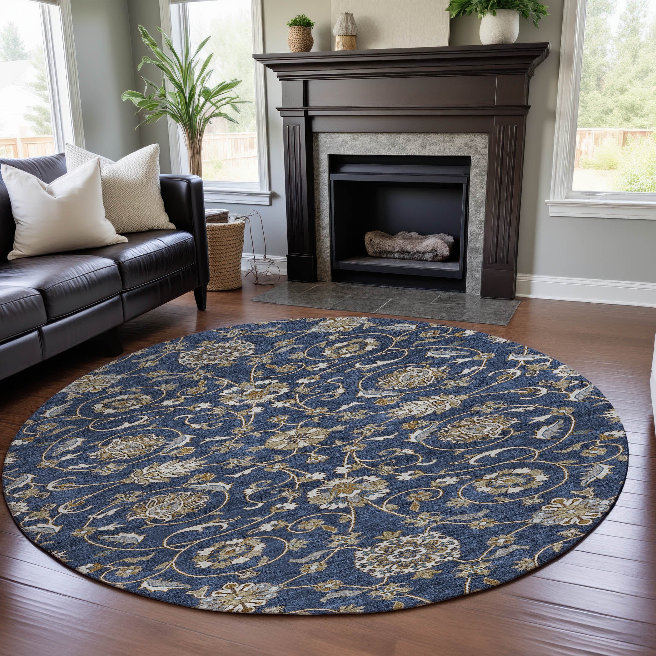 Lucerne Machine Washable Transitional Navy Blue Rug 8' x 8' #shape_Round