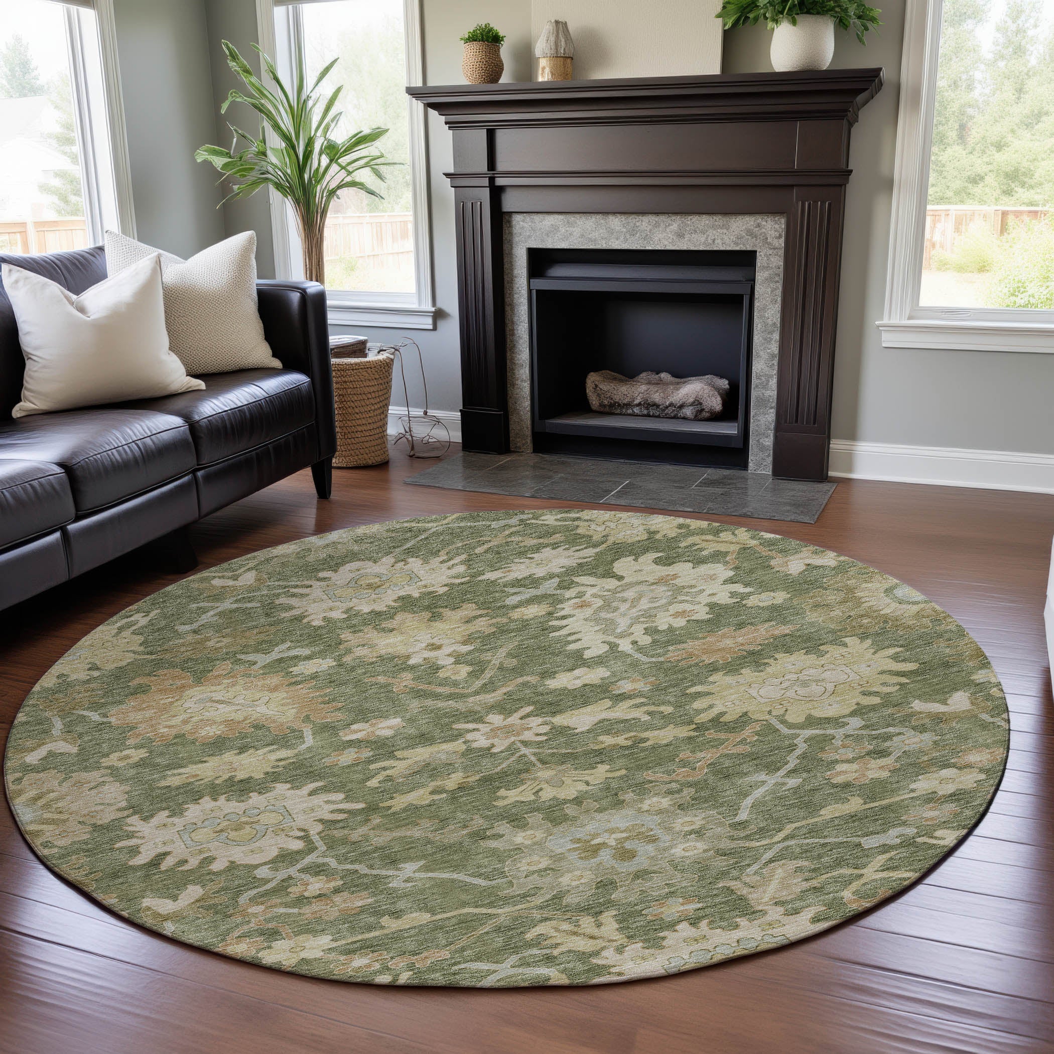 Baku Machine Washable Traditional Aloe Green Rug 8' x 8' #shape_Round