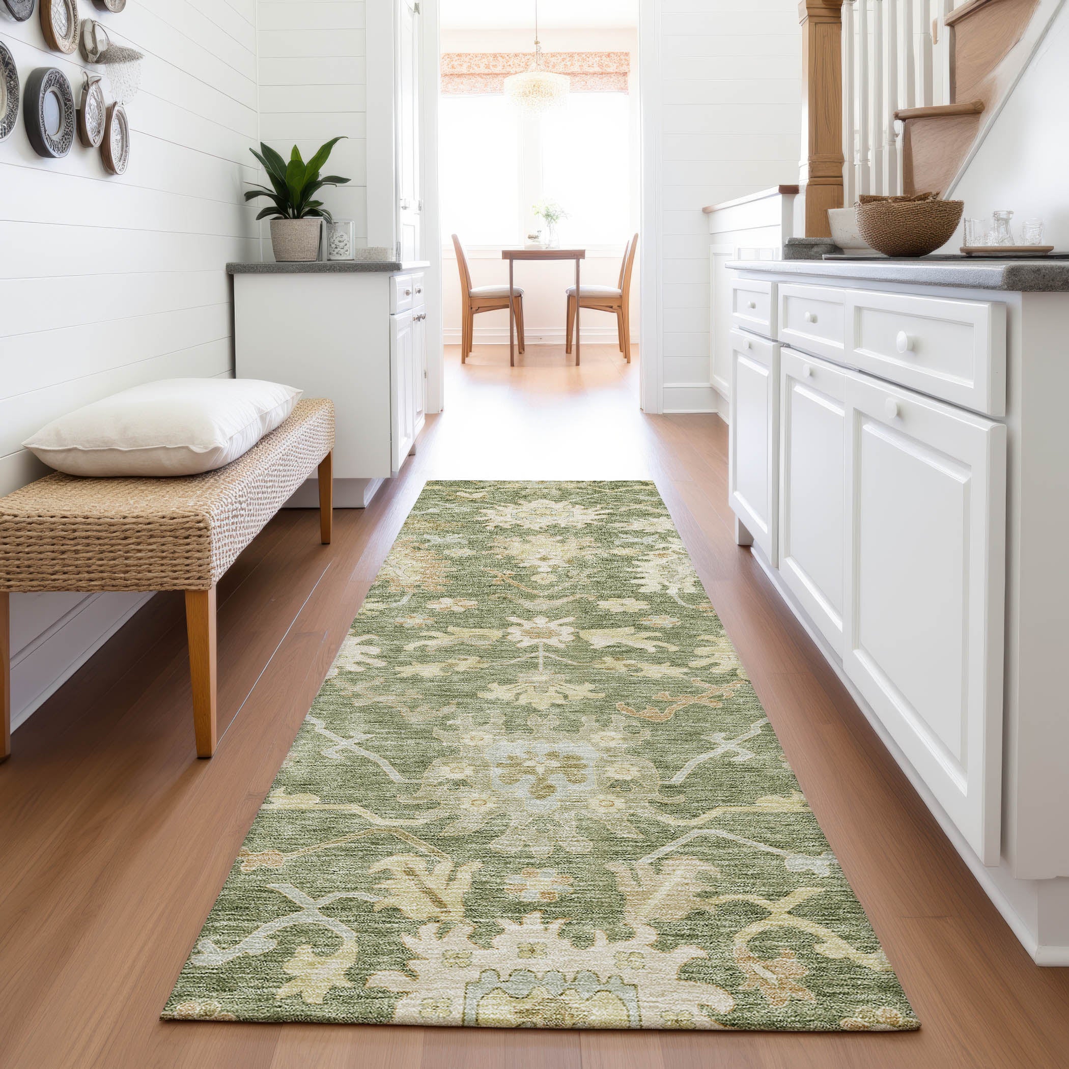 Baku Machine Washable Traditional Aloe Green Rug 2'3" x 7'6" #shape_Runner