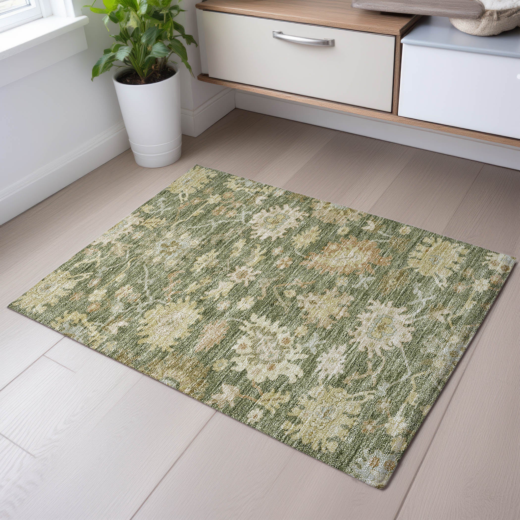 Baku Machine Washable Traditional Aloe Green Rug 1'8" x 2'6" #shape_Rectangle