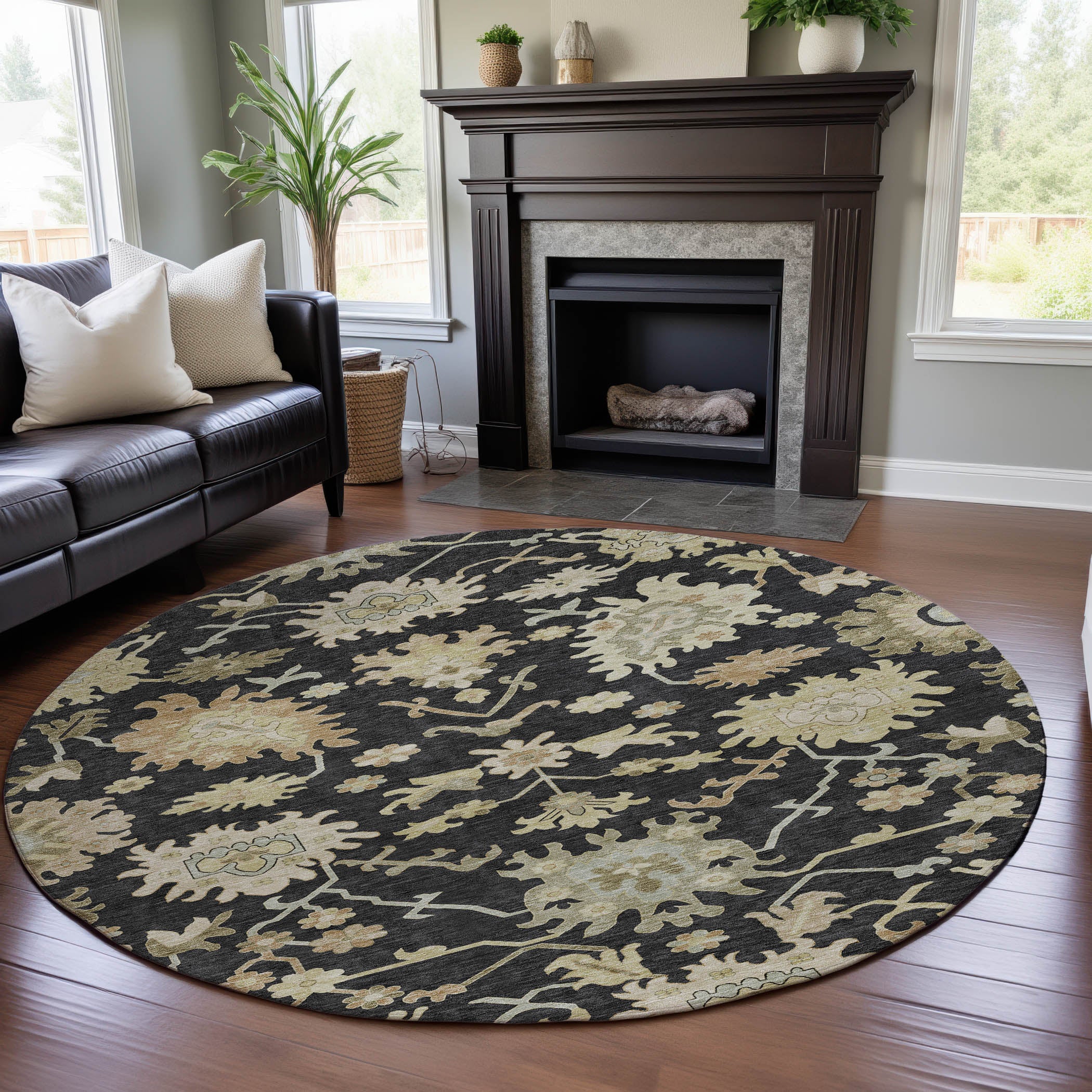 Baku Machine Washable Traditional Black Rug 8' x 8' #shape_Round