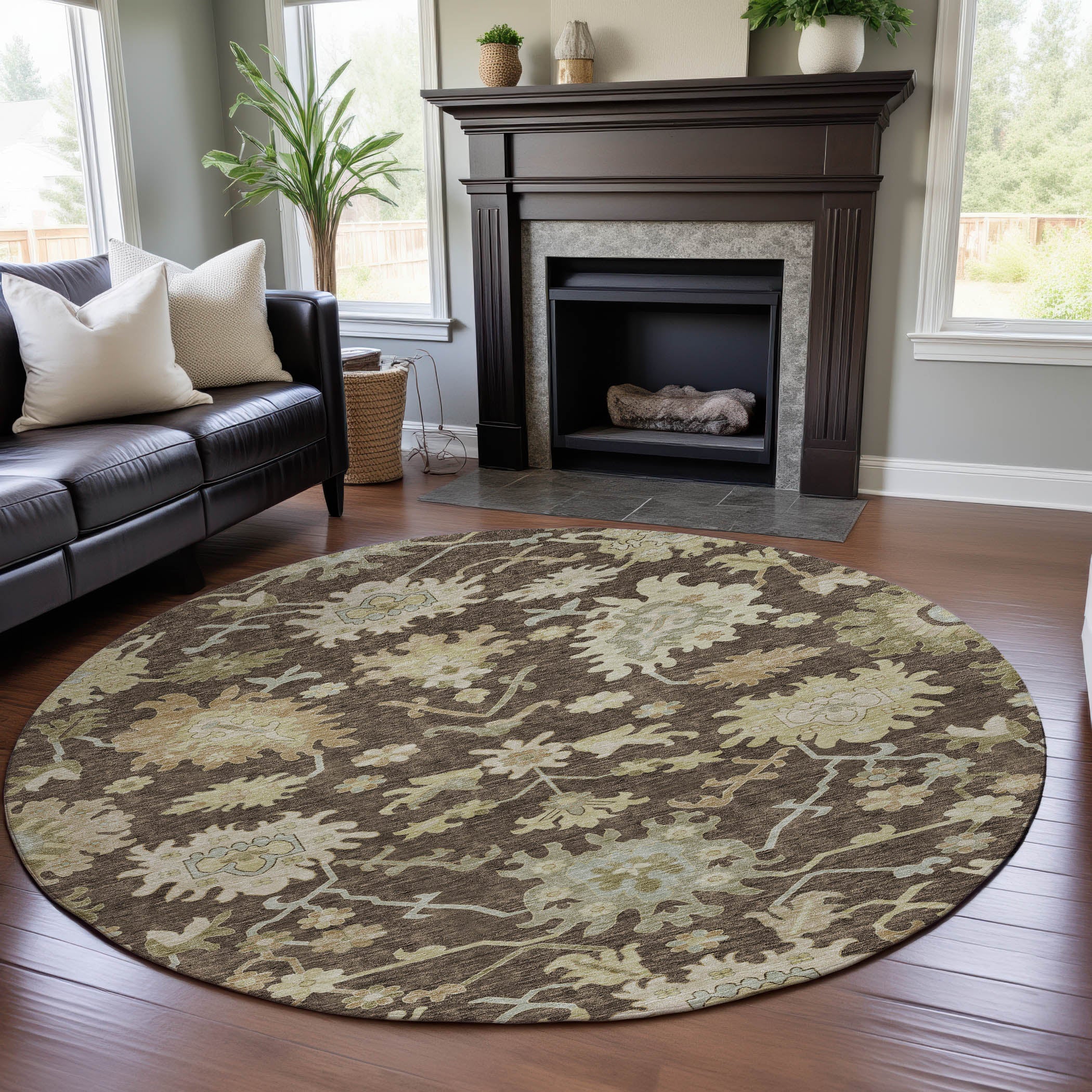 Baku Machine Washable Traditional Chocolate Brown Rug 8' x 8' #shape_Round