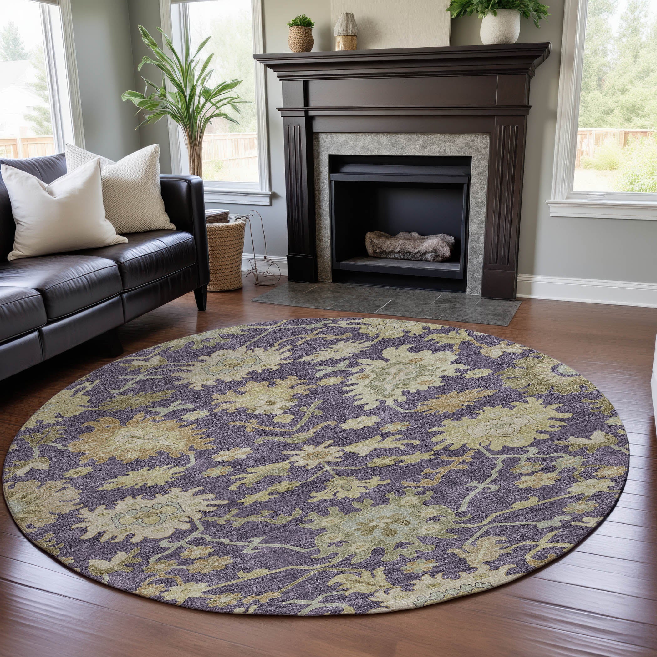 Baku Machine Washable Traditional Eggplant Purple Rug 8' x 8' #shape_Round