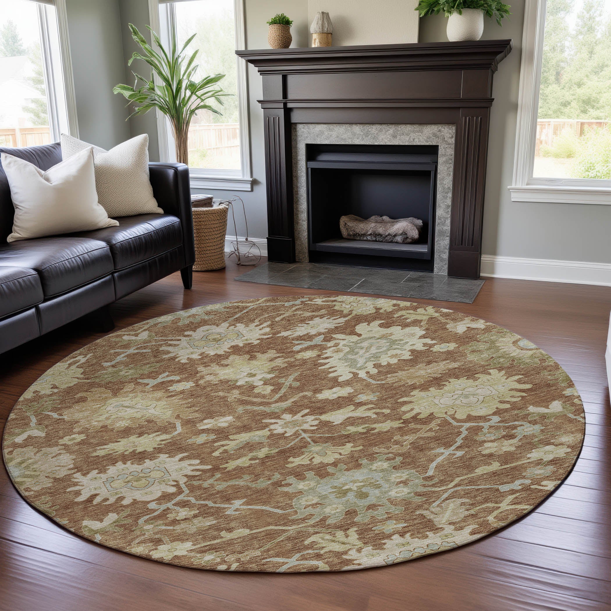 Baku Machine Washable Traditional Paprika Orange Rug 8' x 8' #shape_Round