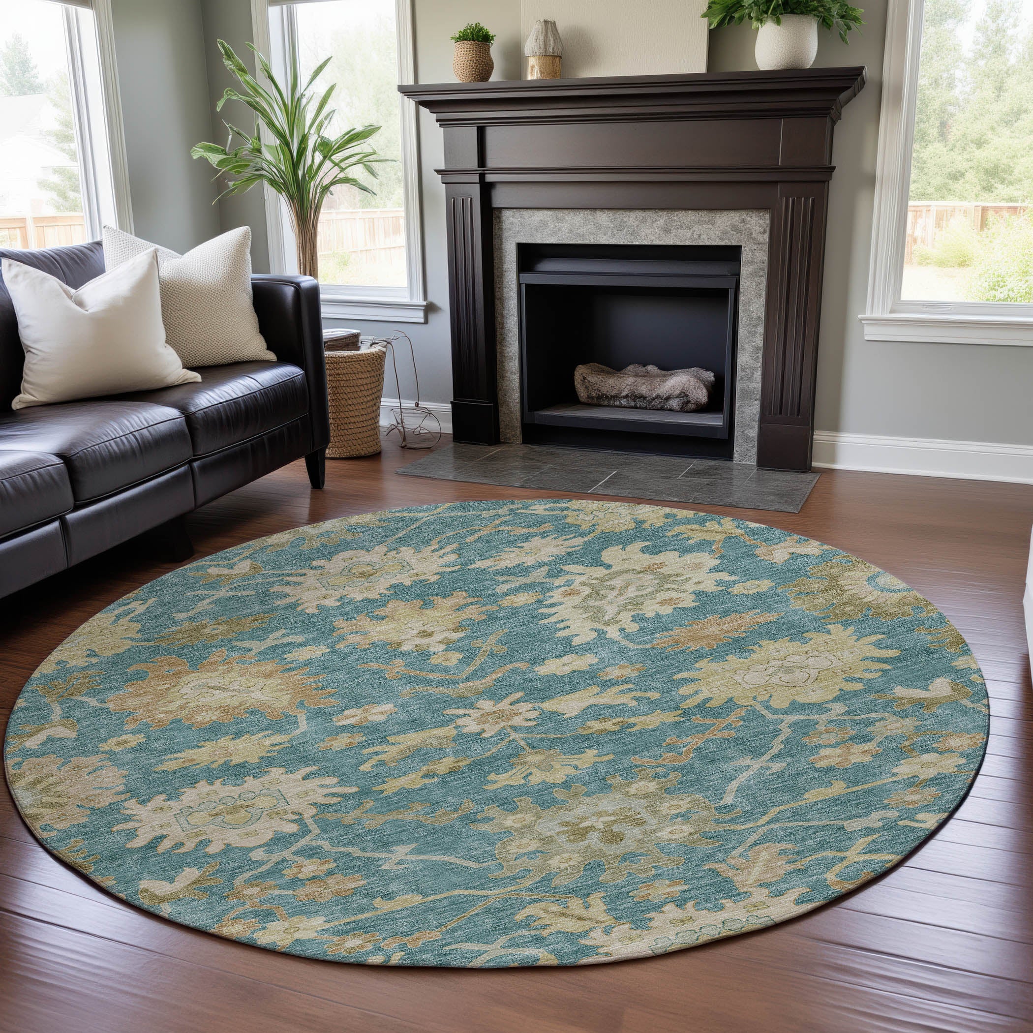 Baku Machine Washable Traditional Teal Rug 8' x 8' #shape_Round