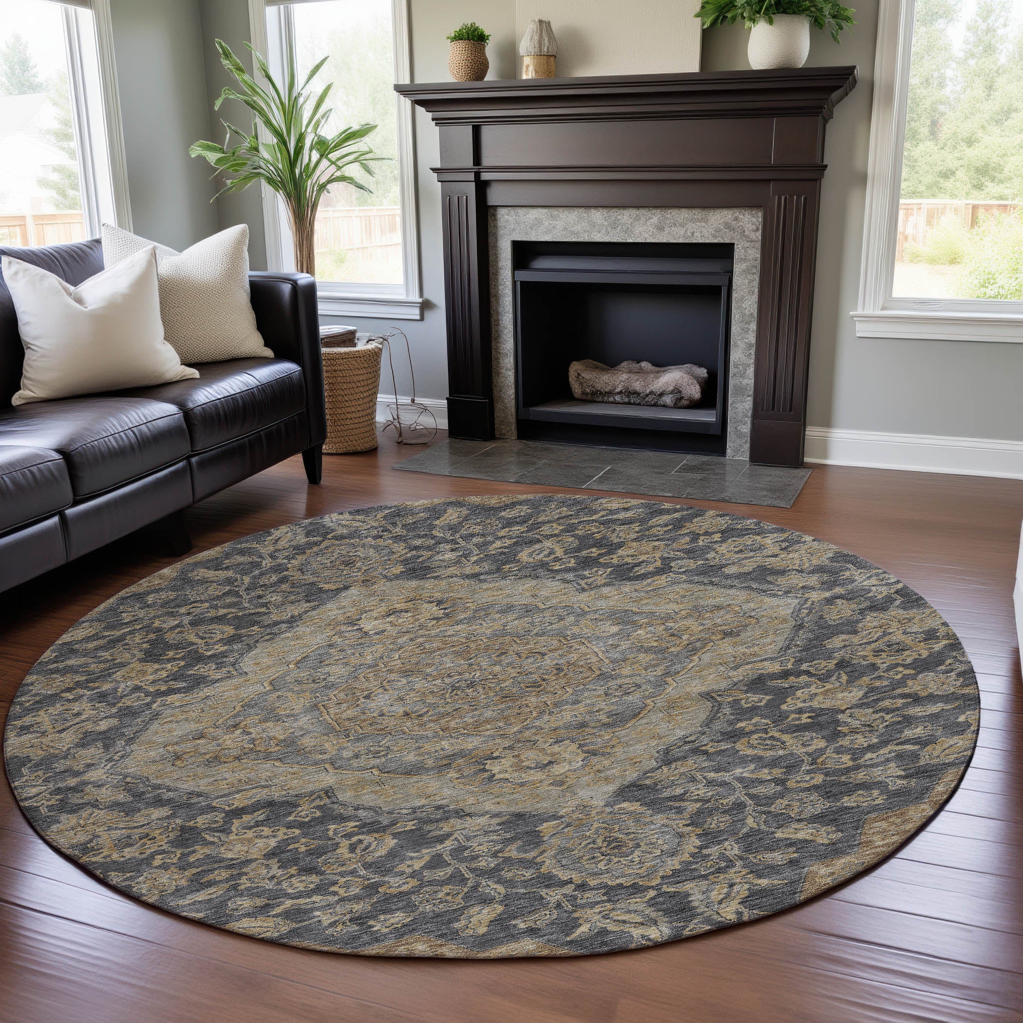 Marrakech Machine Washable Traditional Charcoal Gray Rug 8' x 8' #shape_Round