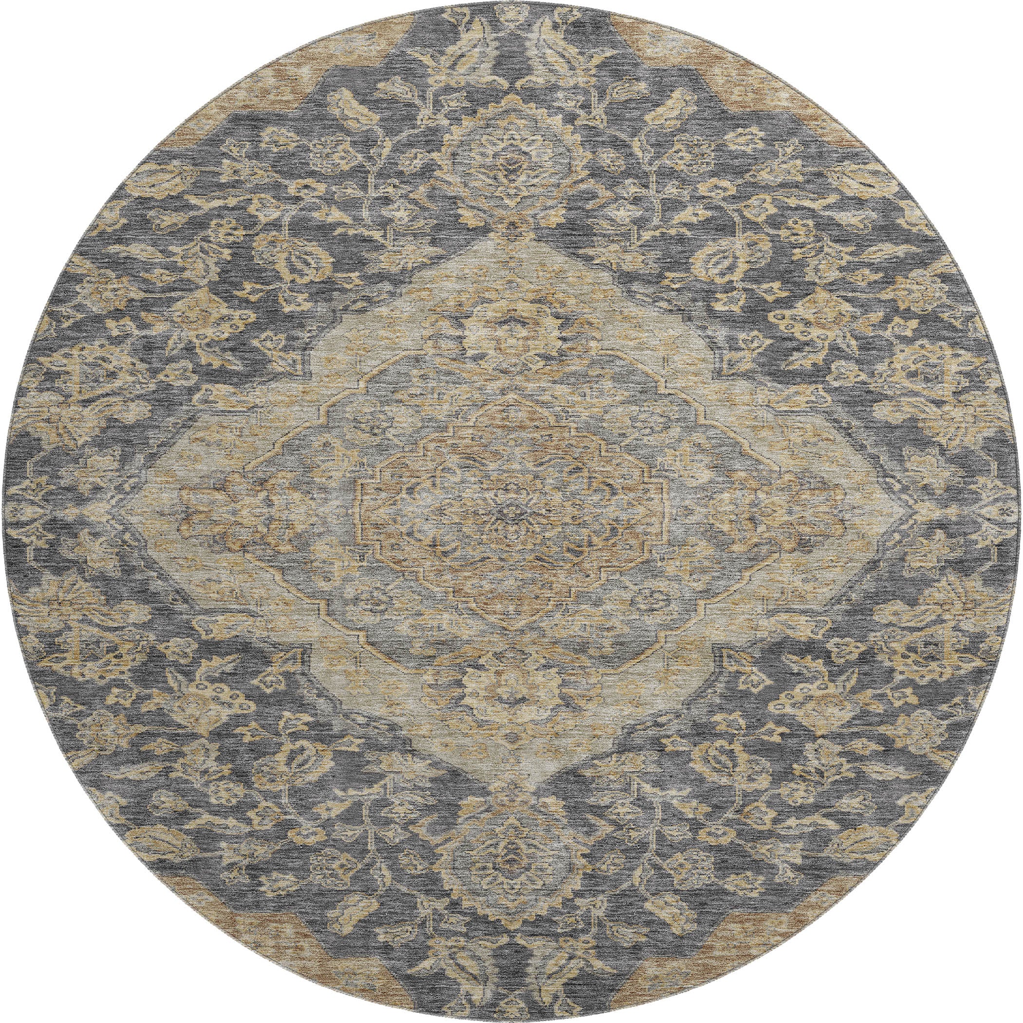 Marrakech Machine Washable Traditional Charcoal Gray Rug 8' x 8' #shape_Round