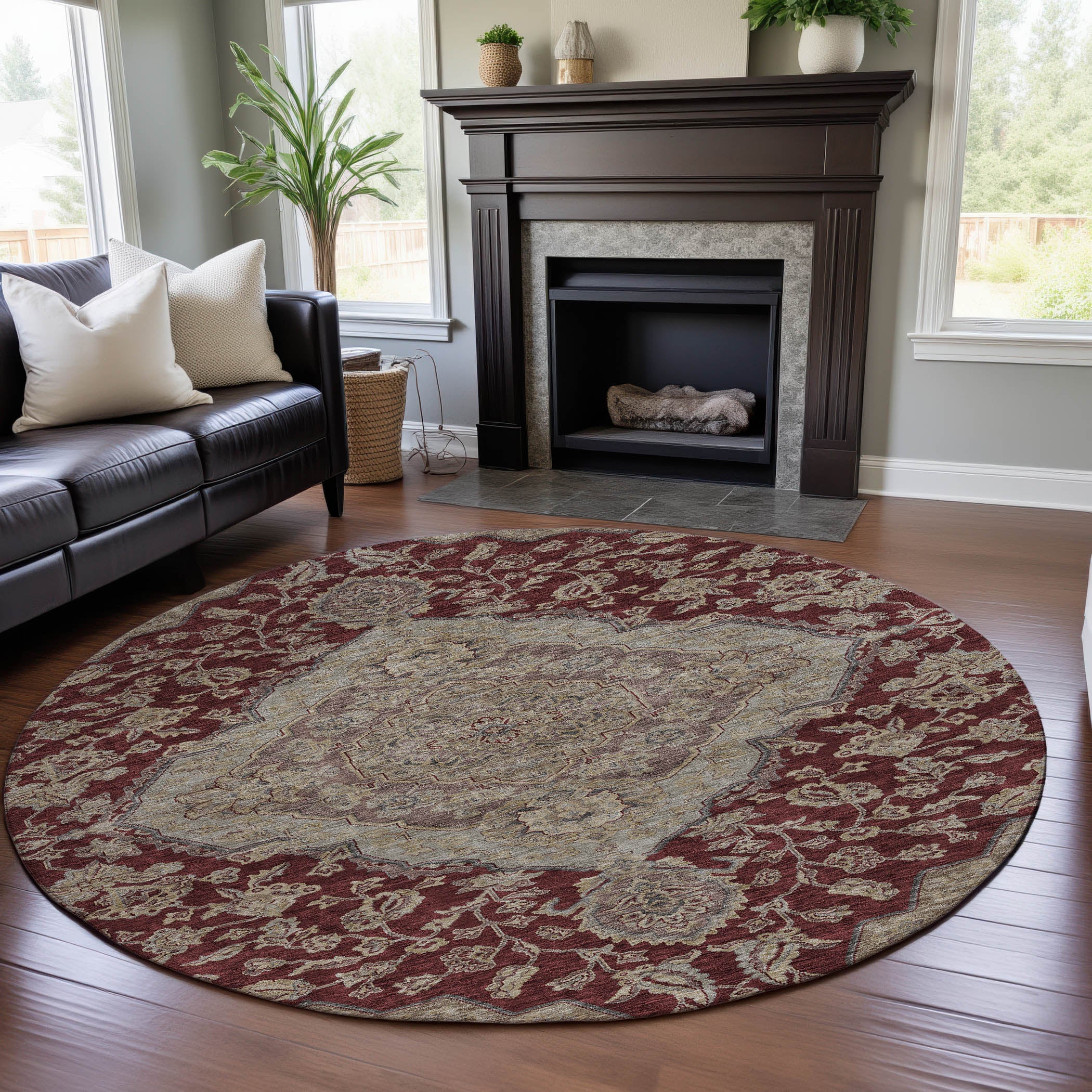 Marrakech Machine Washable Traditional Garnet Red Rug 8' x 8' #shape_Round