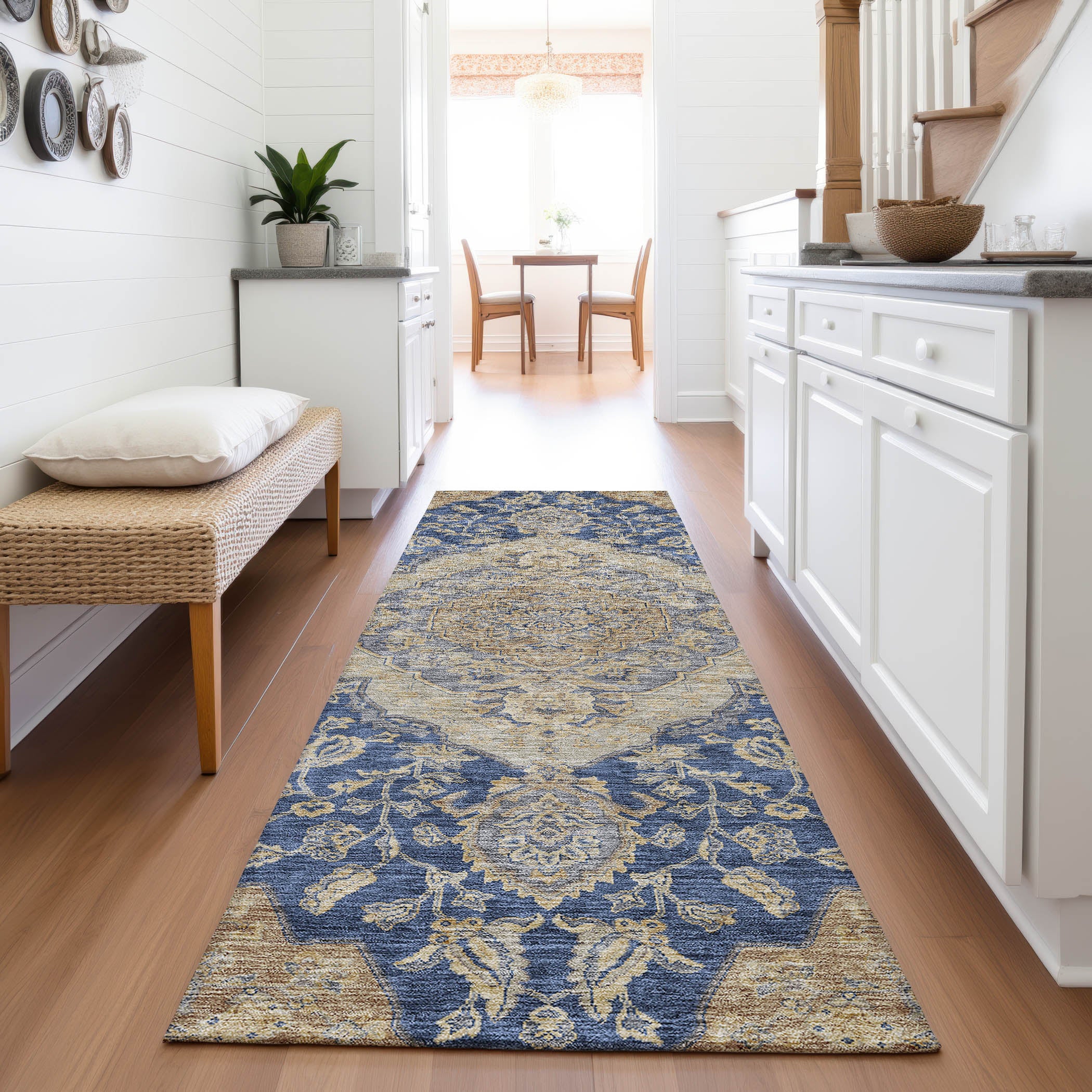 Marrakech Machine Washable Traditional Navy Blue Rug 2'3" x 7'6" #shape_Runner
