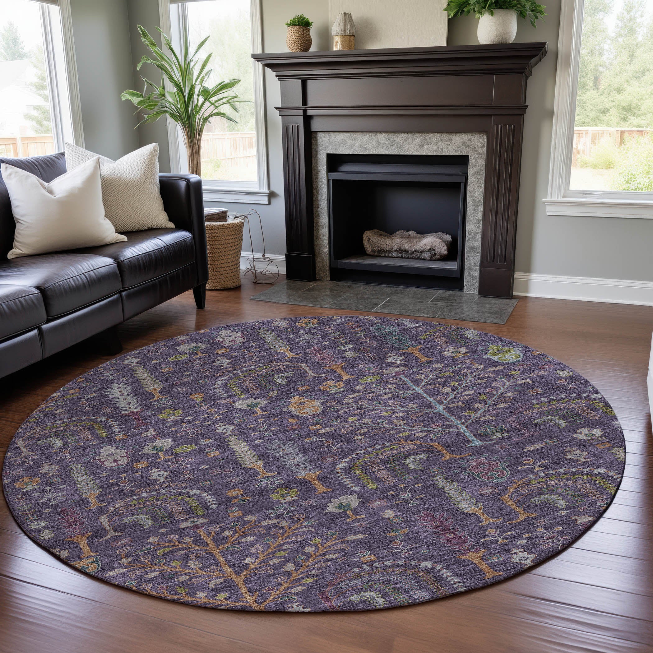 Reykjavik Machine Washable Transitional Eggplant Purple Rug 8' x 8' #shape_Round