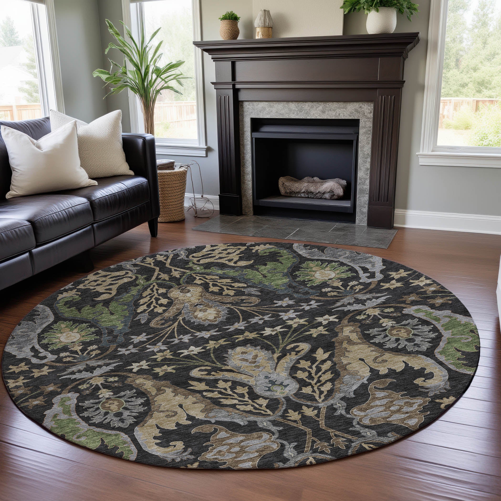 Tallinn Machine Washable Transitional Black Rug 8' x 8' #shape_Round