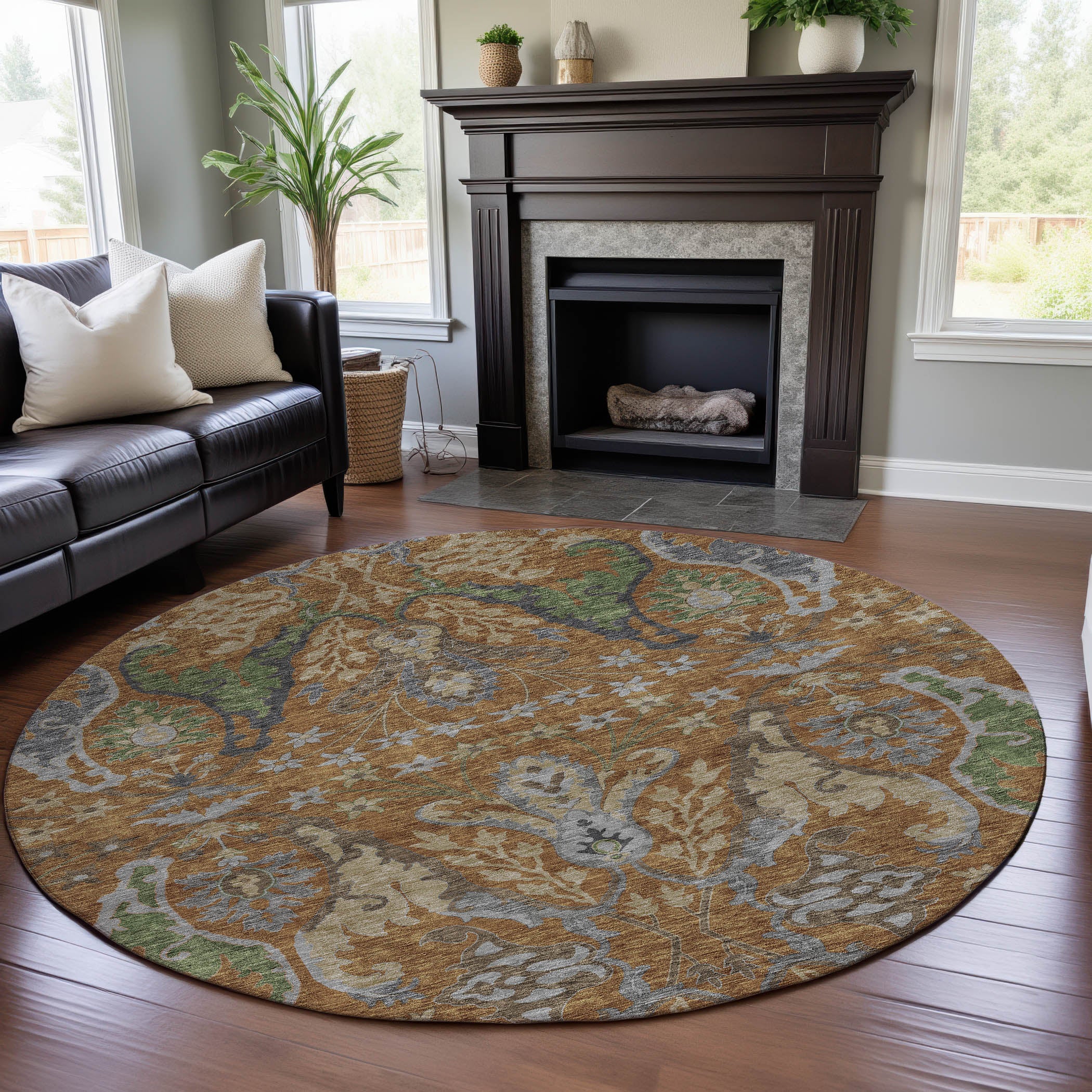 Tallinn Machine Washable Transitional Copper Orange Rug 8' x 8' #shape_Round