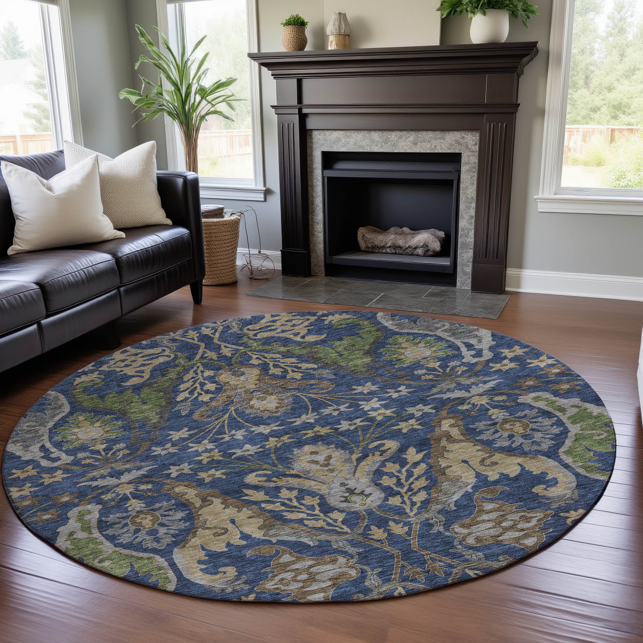 Tallinn Machine Washable Transitional Navy Blue Rug 8' x 8' #shape_Round