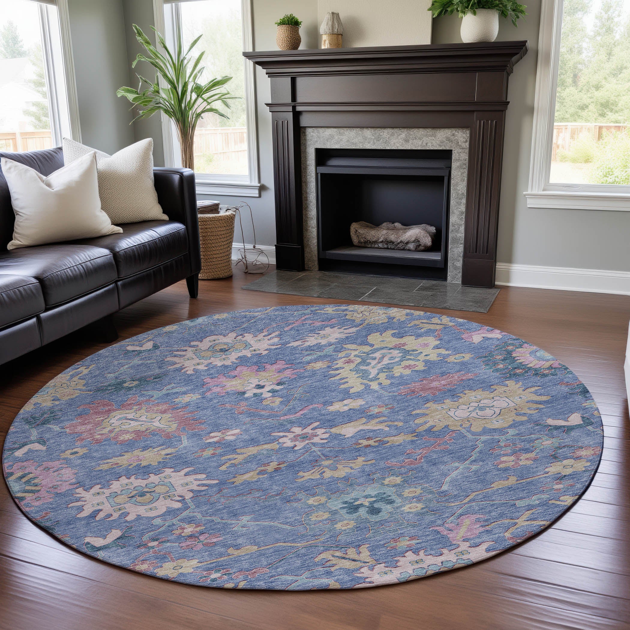 Porto Machine Washable Transitional Blue Rug 8' x 8' #shape_Round