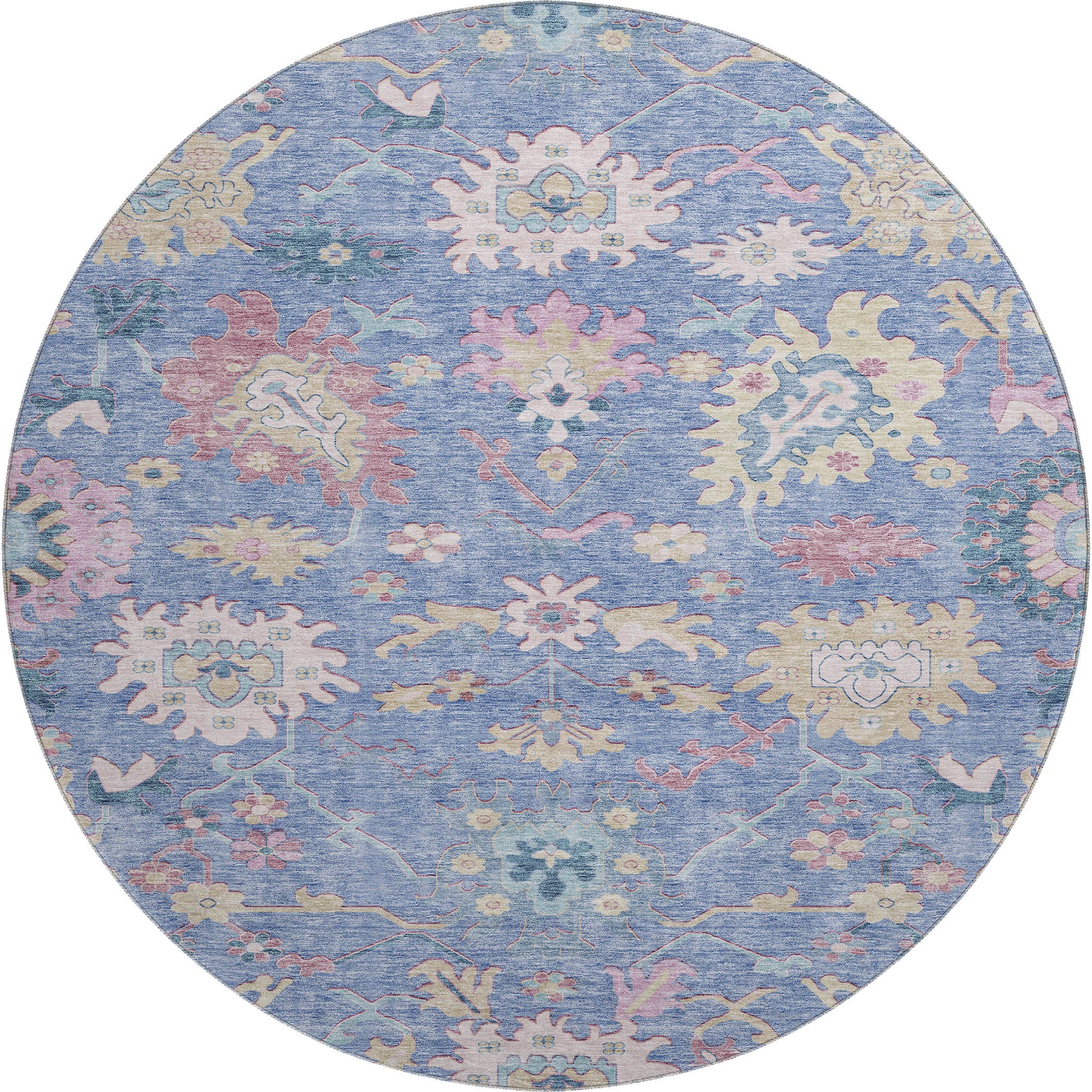 Porto Machine Washable Transitional Blue Rug 8' x 8' #shape_Round