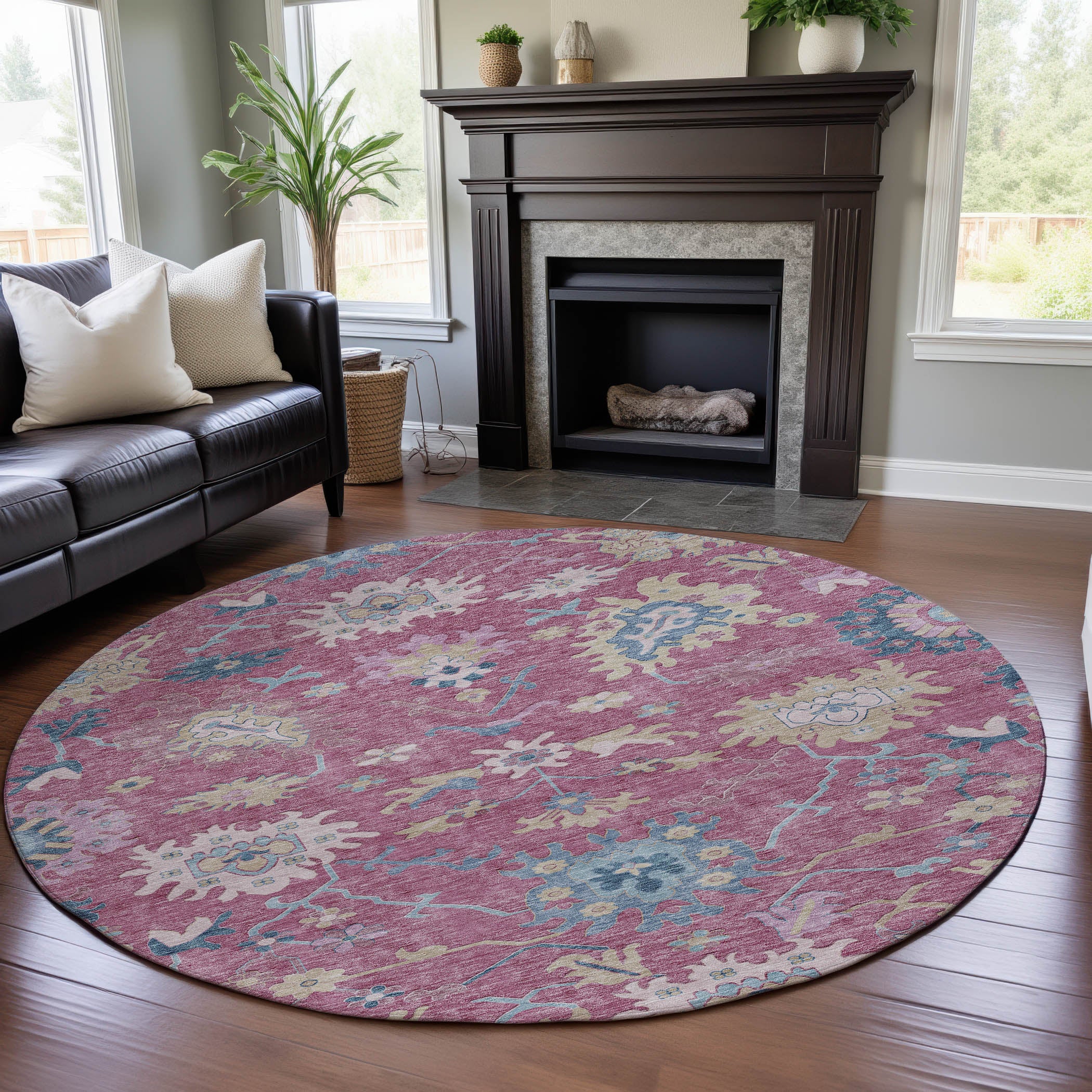 Porto Machine Washable Transitional Pink Rug 8' x 8' #shape_Round