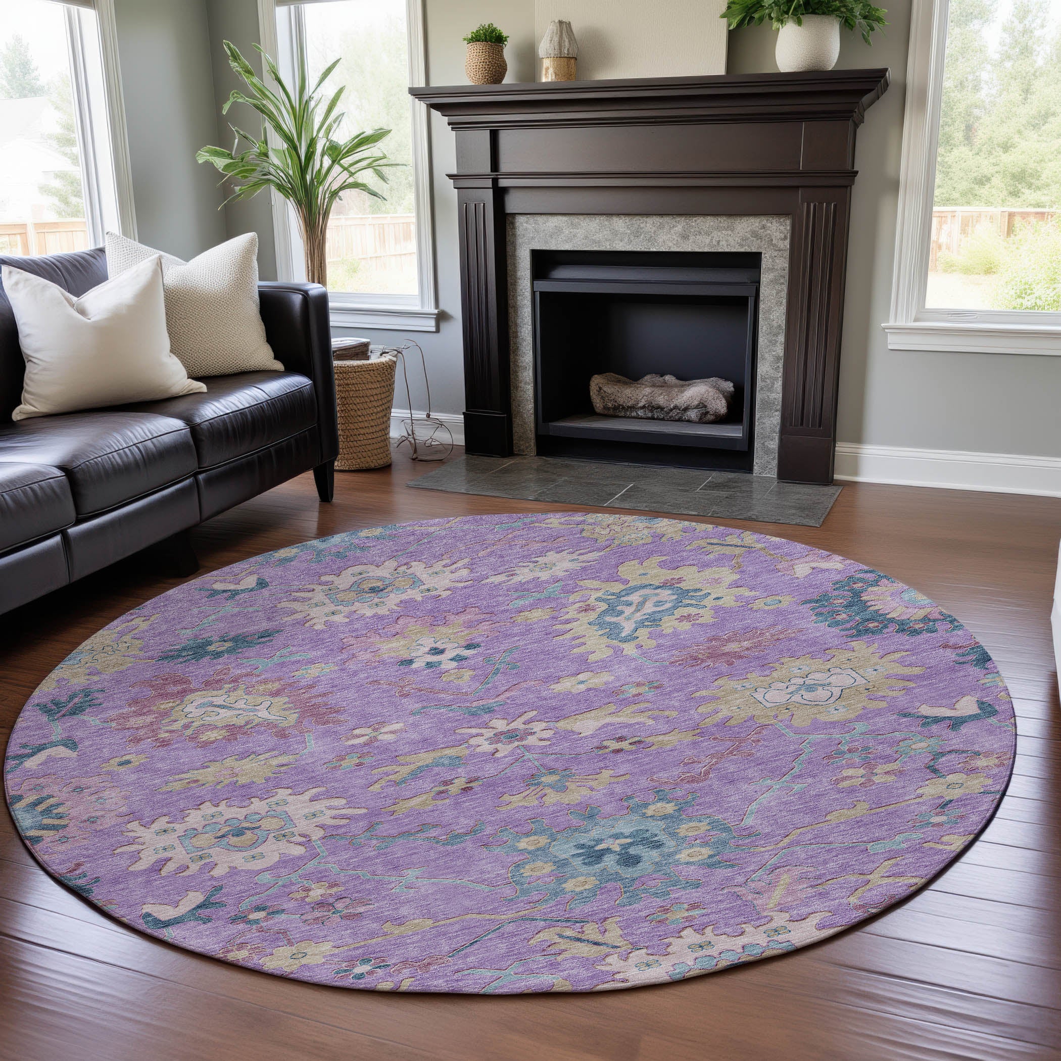 Porto Machine Washable Transitional Purple Rug 8' x 8' #shape_Round