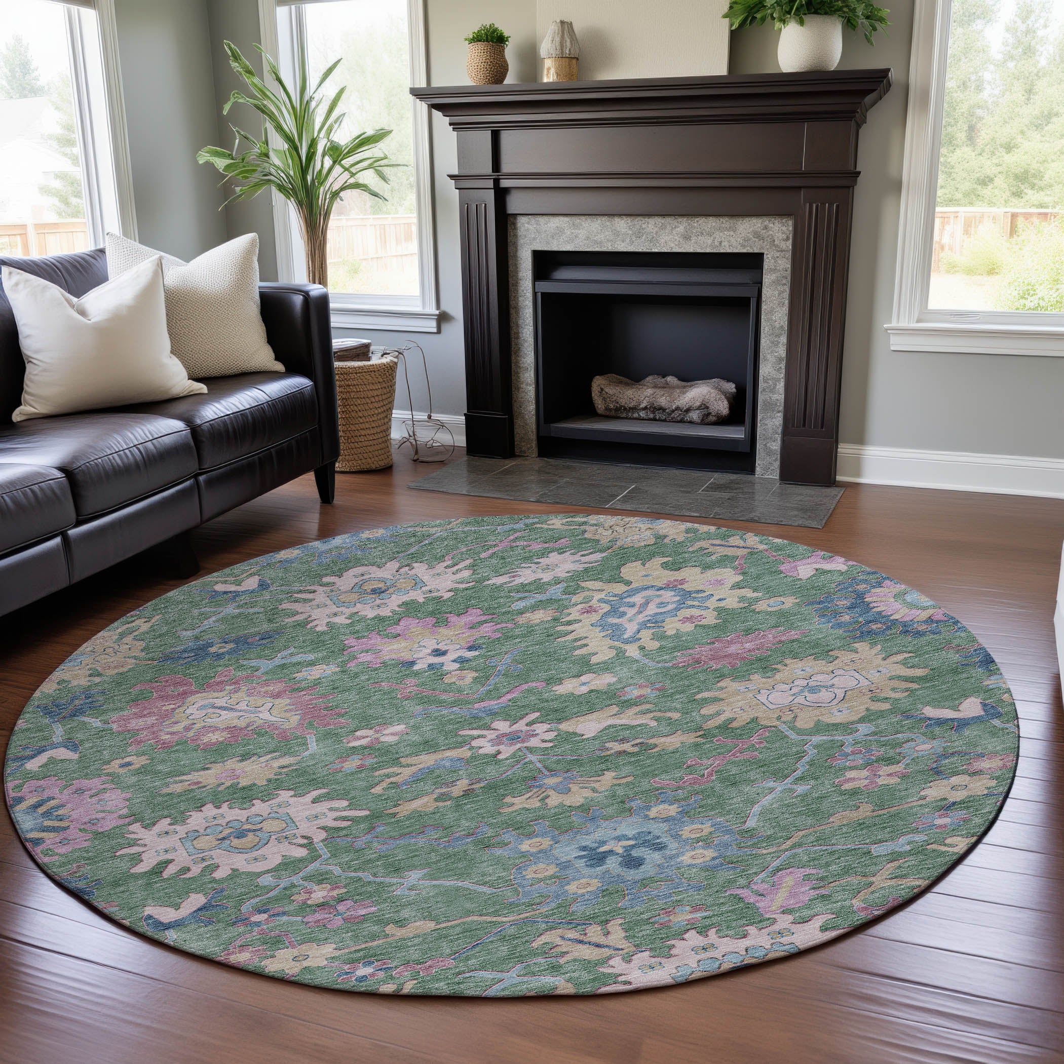 Porto Machine Washable Transitional Sage Green Rug 8' x 8' #shape_Round