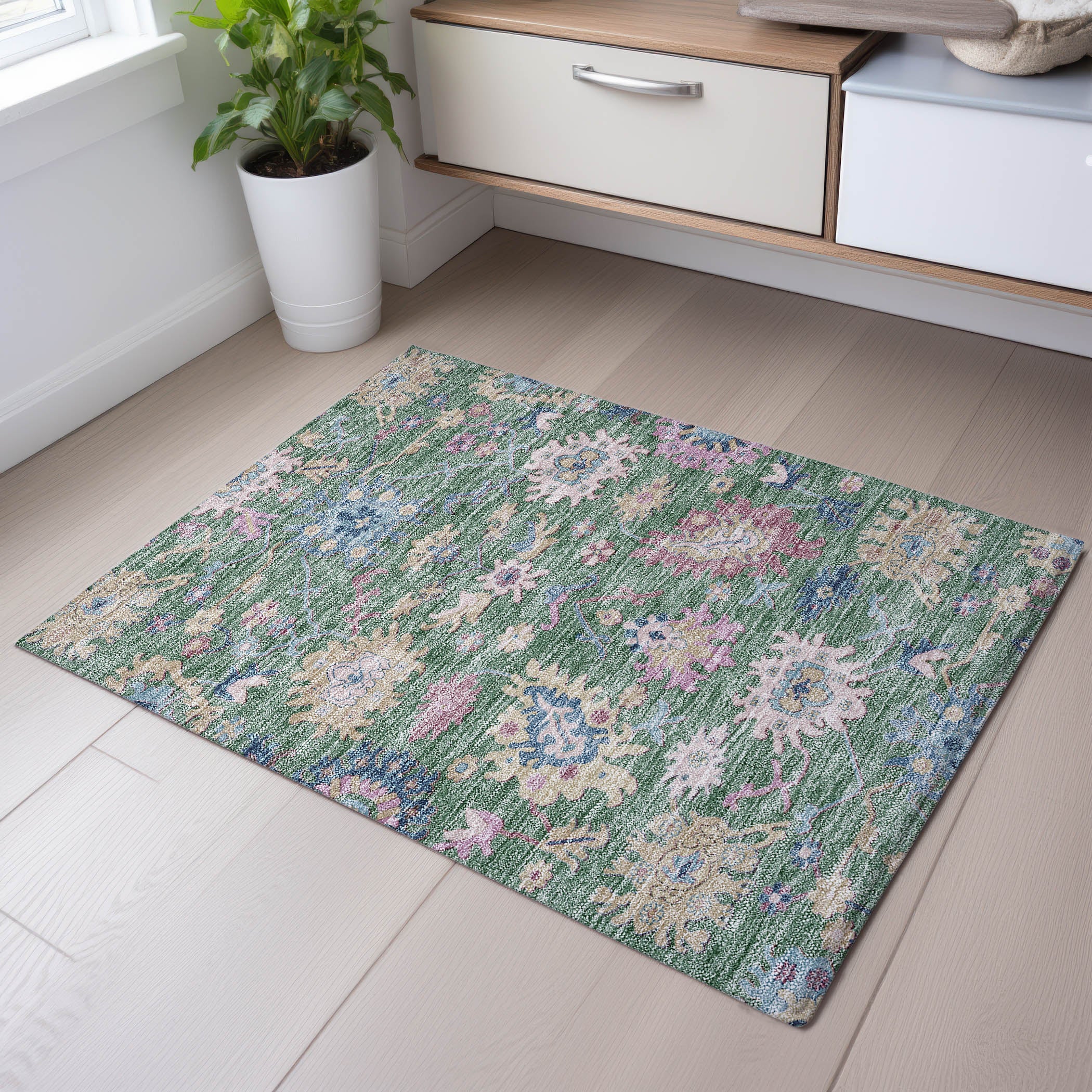Porto Machine Washable Transitional Sage Green Rug 1'8" x 2'6" #shape_Rectangle