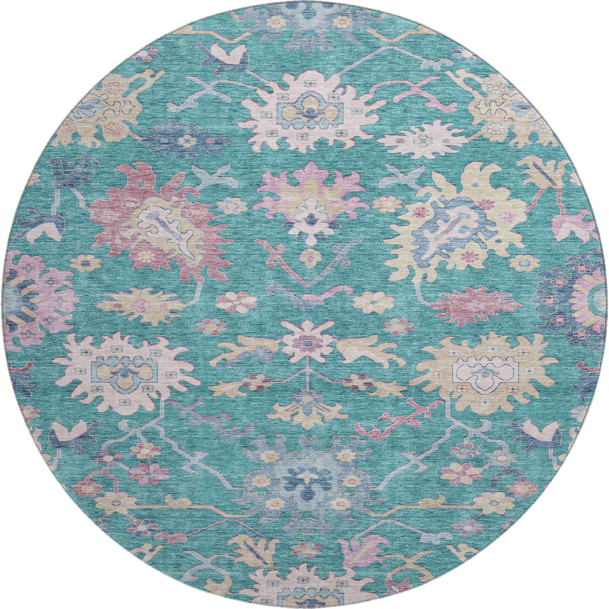 Porto Machine Washable Transitional Teal Rug 8' x 8' #shape_Round