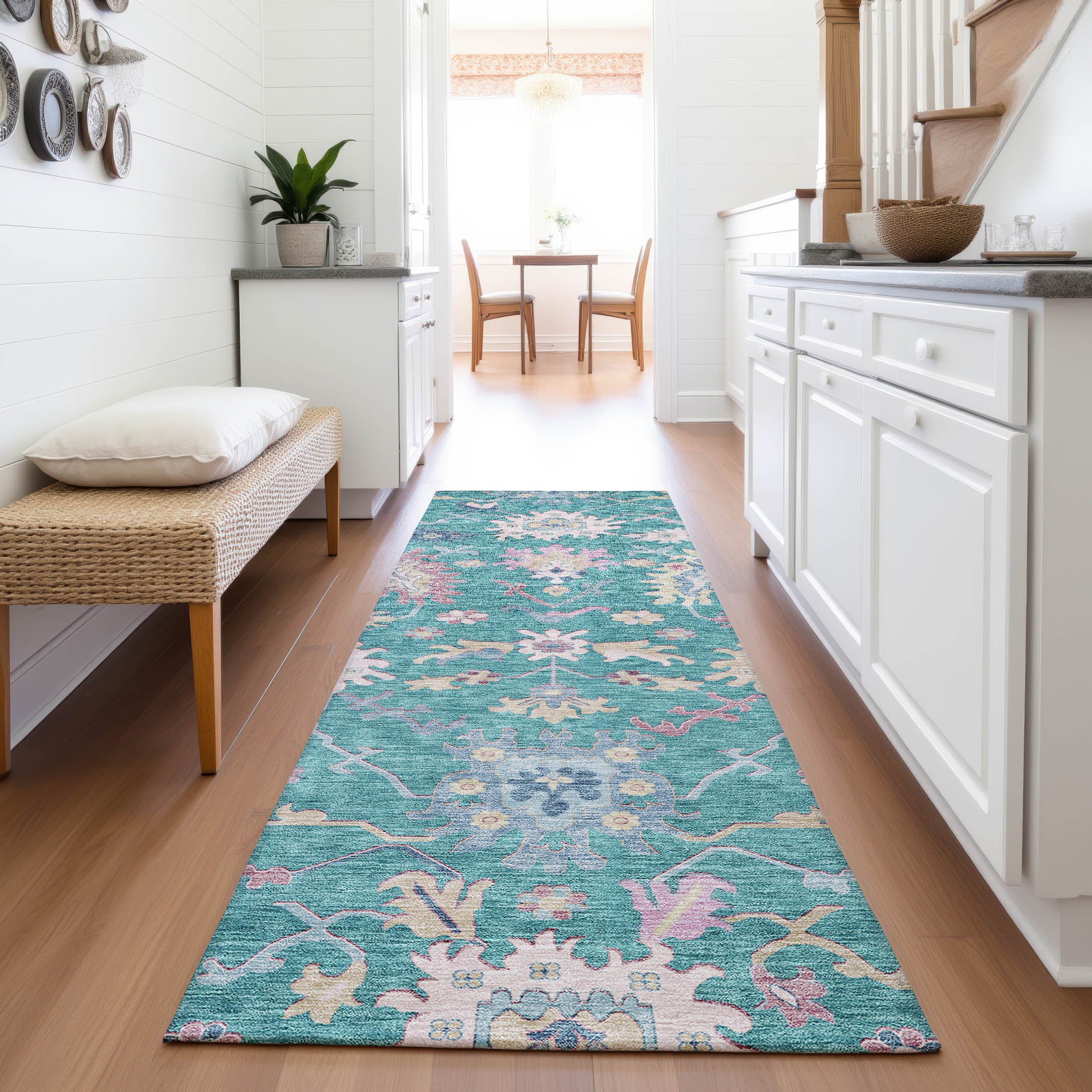 Porto Machine Washable Transitional Teal Rug 2'3" x 7'6" #shape_Runner