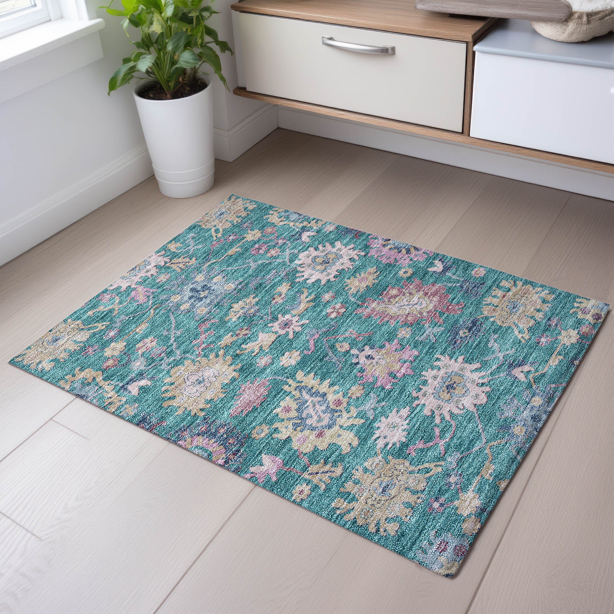 Porto Machine Washable Transitional Teal Rug 1'8" x 2'6" #shape_Rectangle