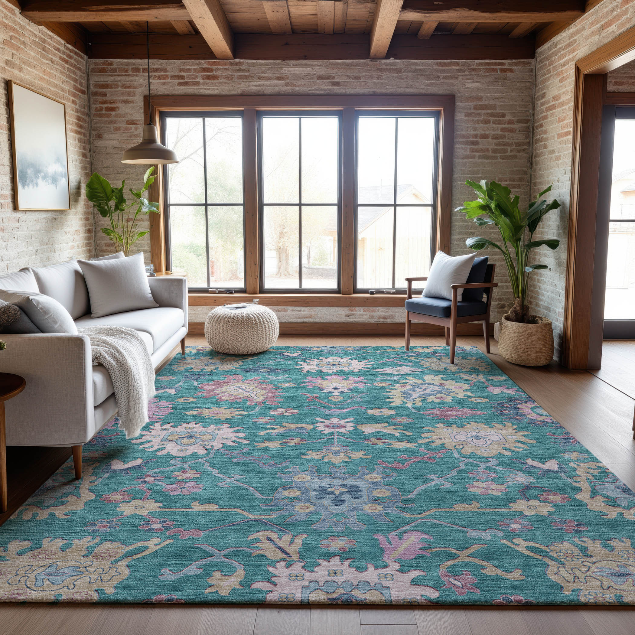 Porto Machine Washable Transitional Teal Rug 2'6" x 3'10" #shape_Rectangle