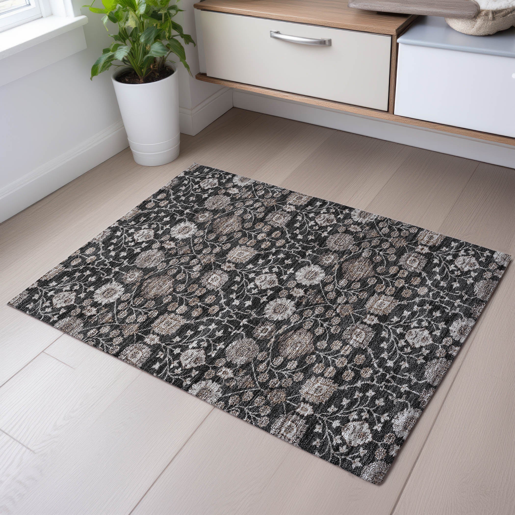 Zanzibar Machine Washable Transitional Black Rug 1'8" x 2'6" #shape_Rectangle