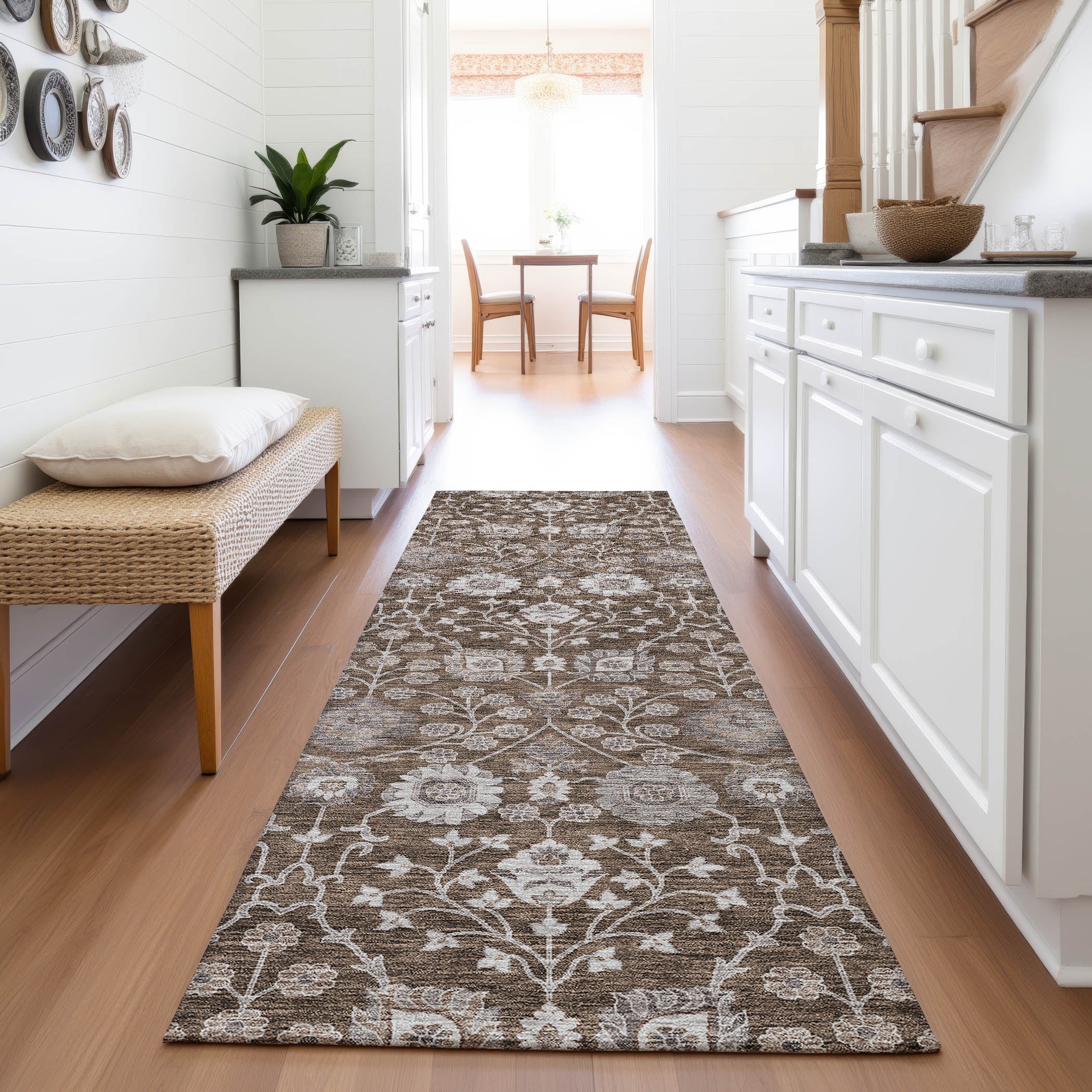 Zanzibar Machine Washable Transitional Chocolate Brown Rug 2'3" x 7'6" #shape_Runner