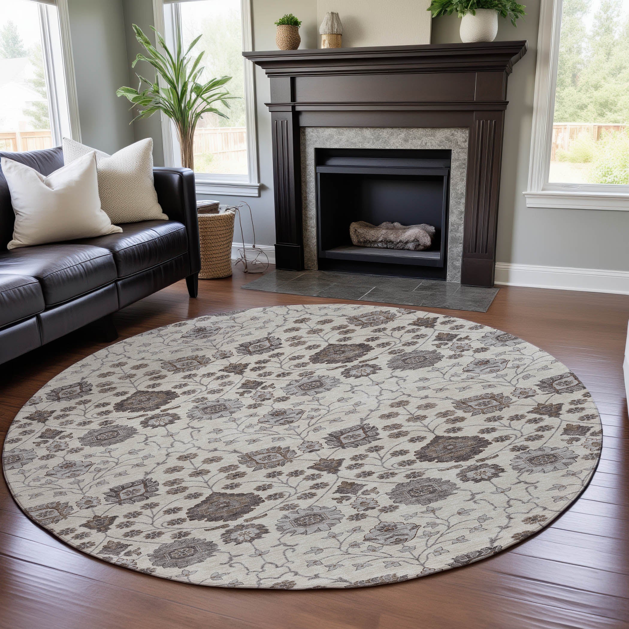 Zanzibar Machine Washable Transitional Ivory Rug 8' x 8' #shape_Round