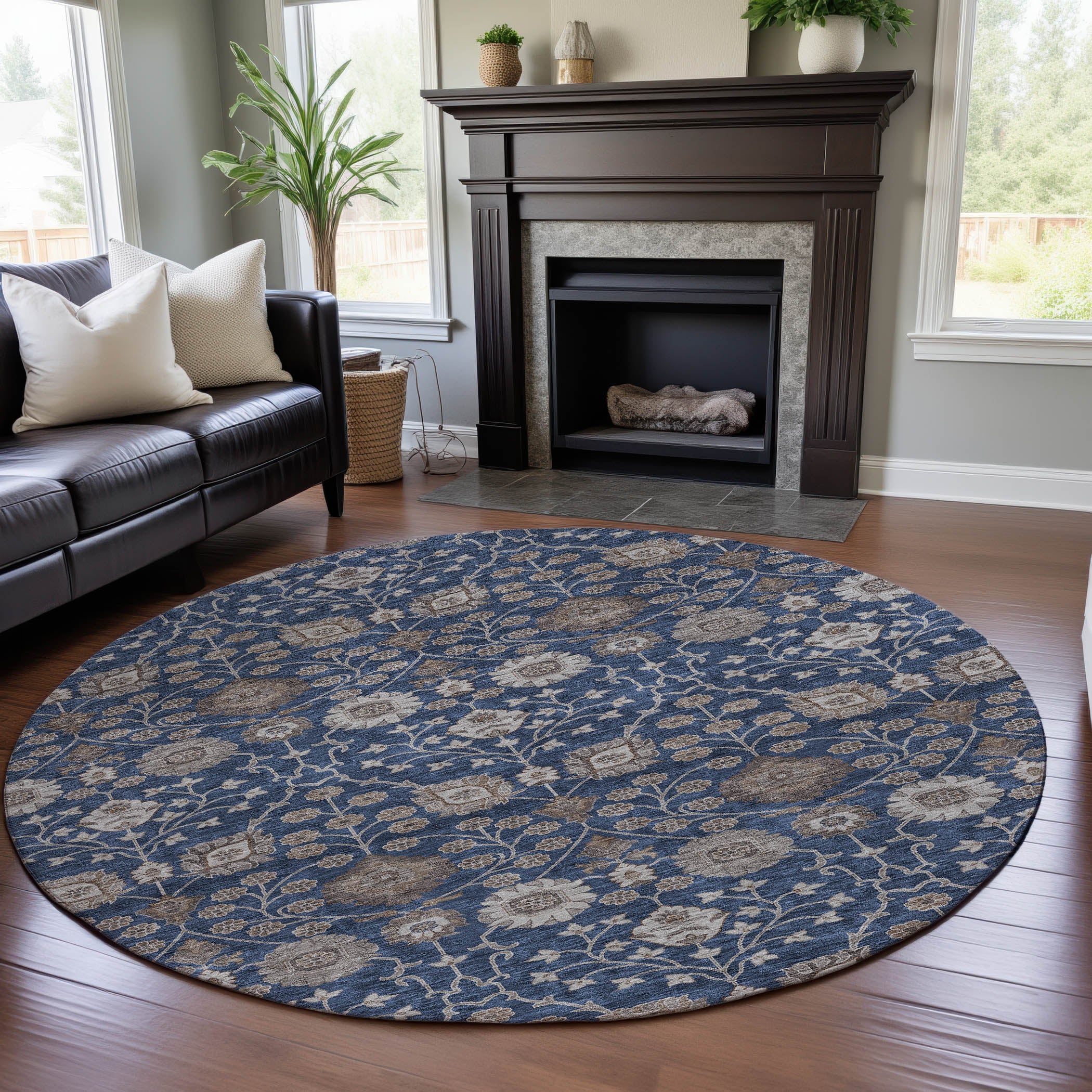 Zanzibar Machine Washable Transitional Navy Blue Rug 8' x 8' #shape_Round