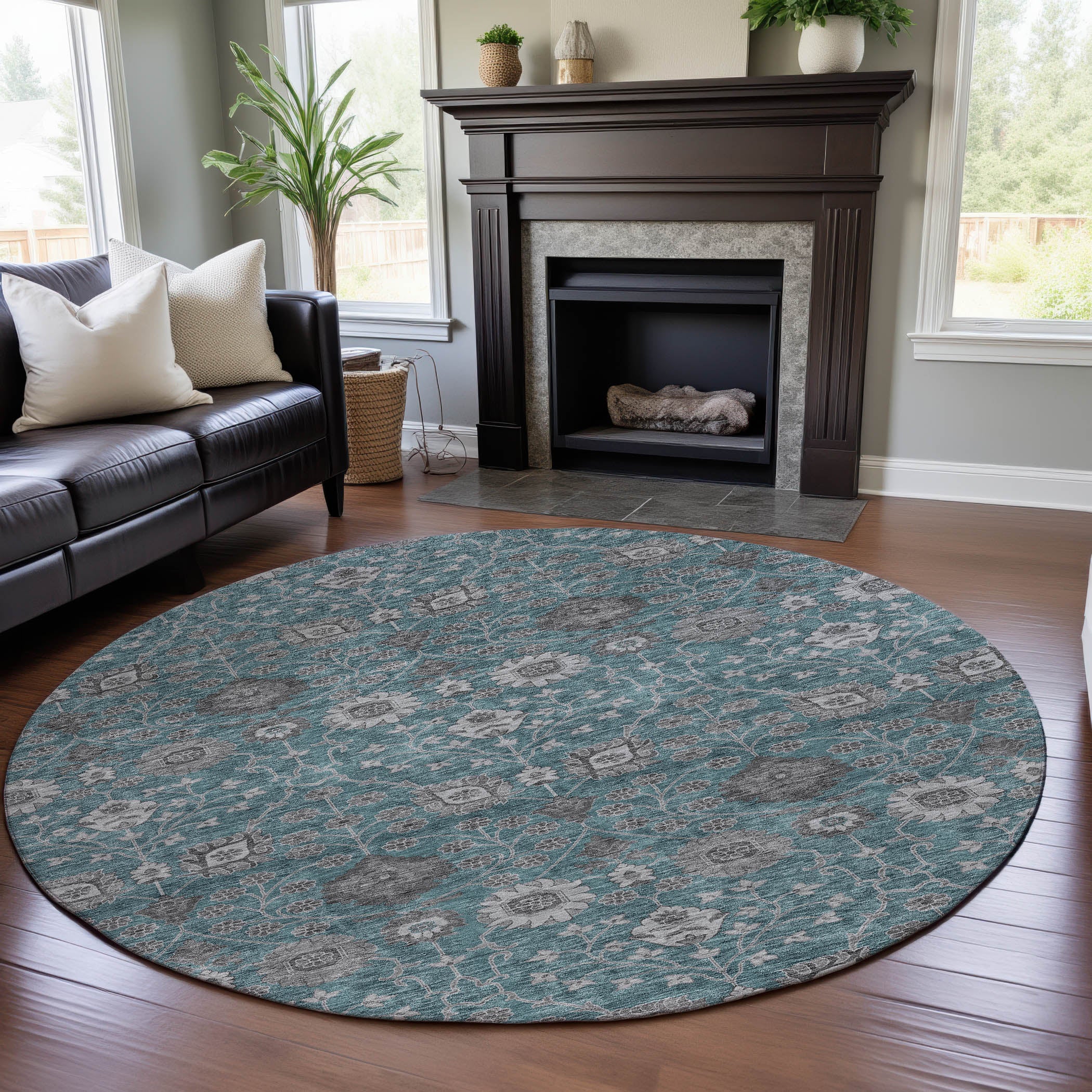 Zanzibar Machine Washable Transitional Teal Rug 8' x 8' #shape_Round