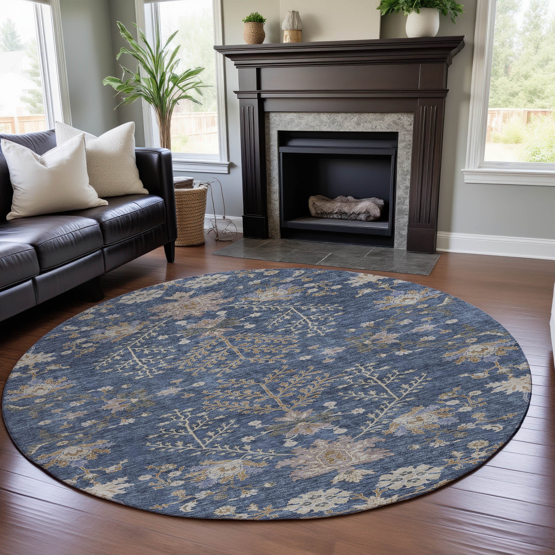 Queenstown Machine Washable Transitional Blue Rug 8' x 8' #shape_Round
