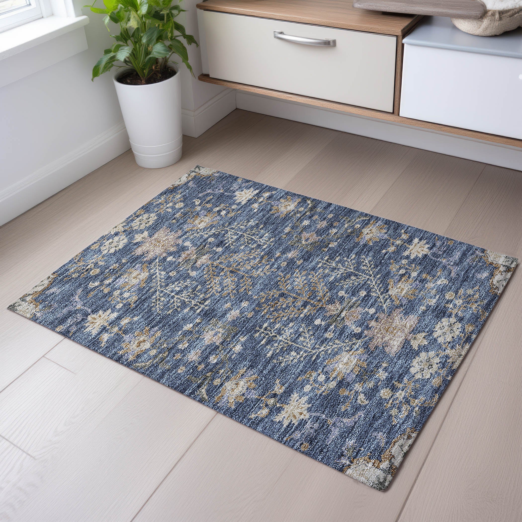 Queenstown Machine Washable Transitional Blue Rug 1'8" x 2'6" #shape_Rectangle