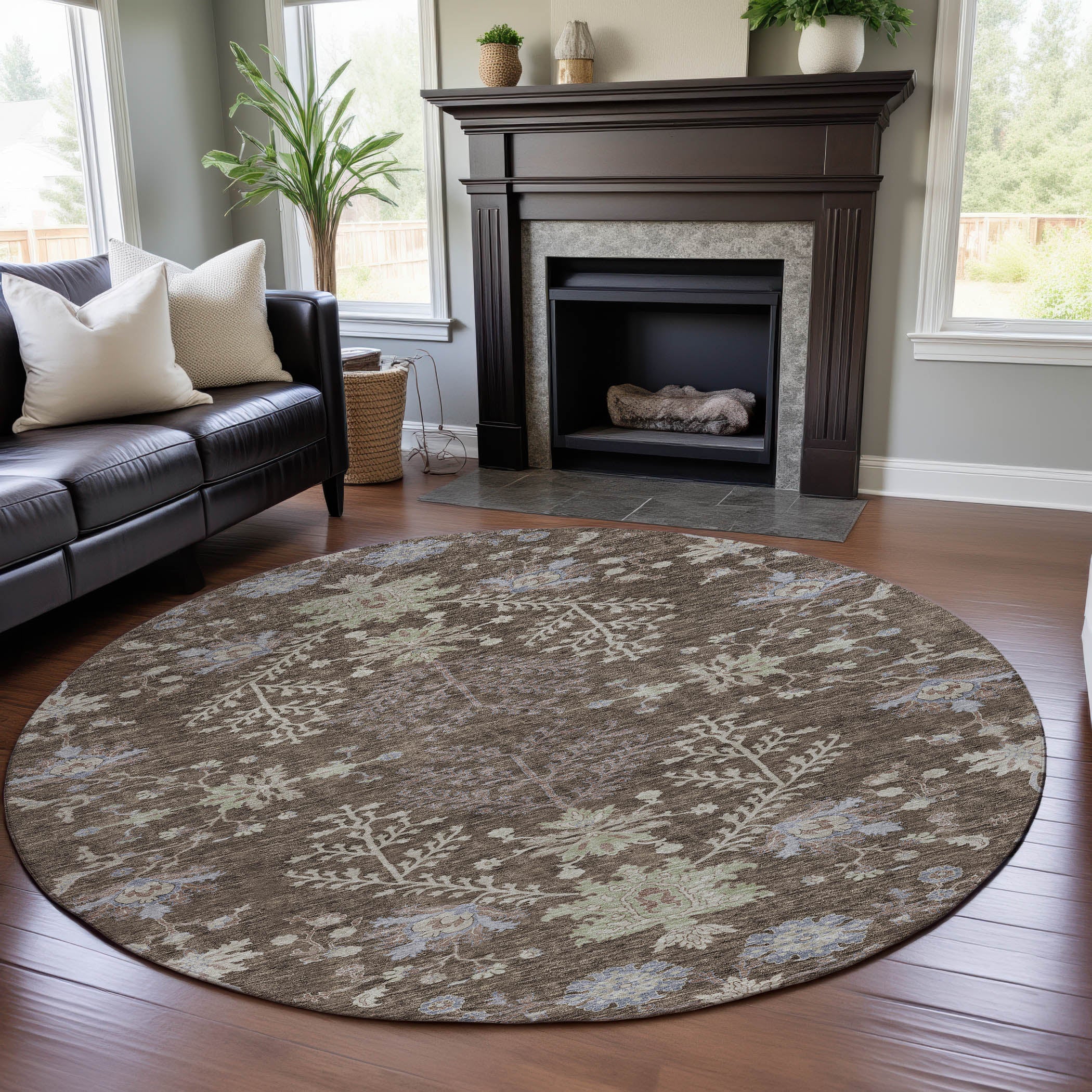 Queenstown Machine Washable Transitional Brown Rug 8' x 8' #shape_Round