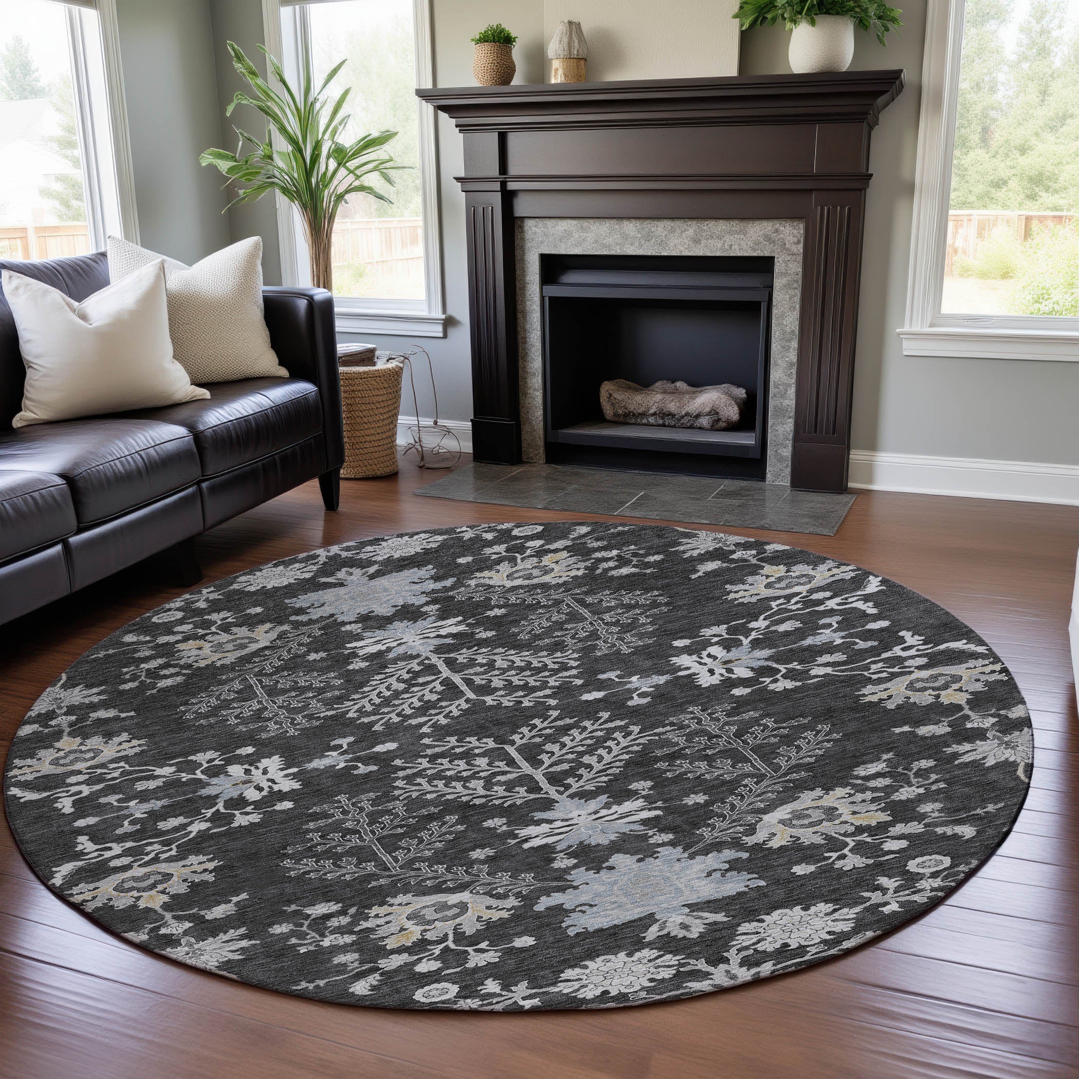 Queenstown Machine Washable Transitional Charcoal Gray Rug 8' x 8' #shape_Round