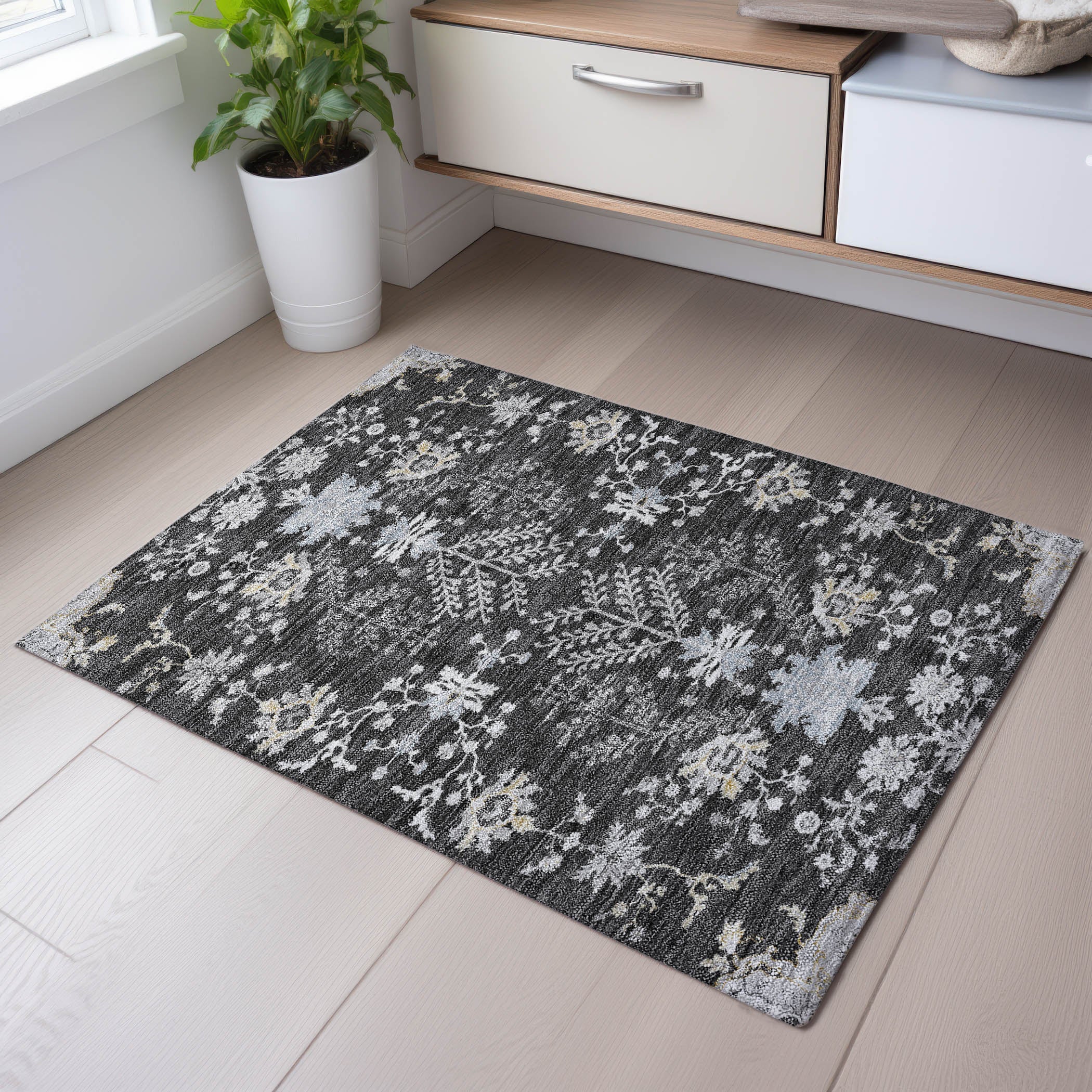 Queenstown Machine Washable Transitional Charcoal Gray Rug 1'8" x 2'6" #shape_Rectangle
