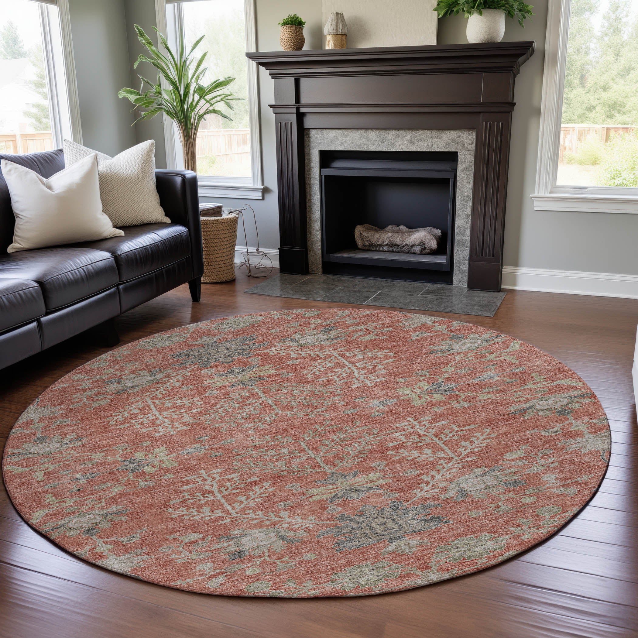Queenstown Machine Washable Transitional Coral Orange Rug 8' x 8' #shape_Round