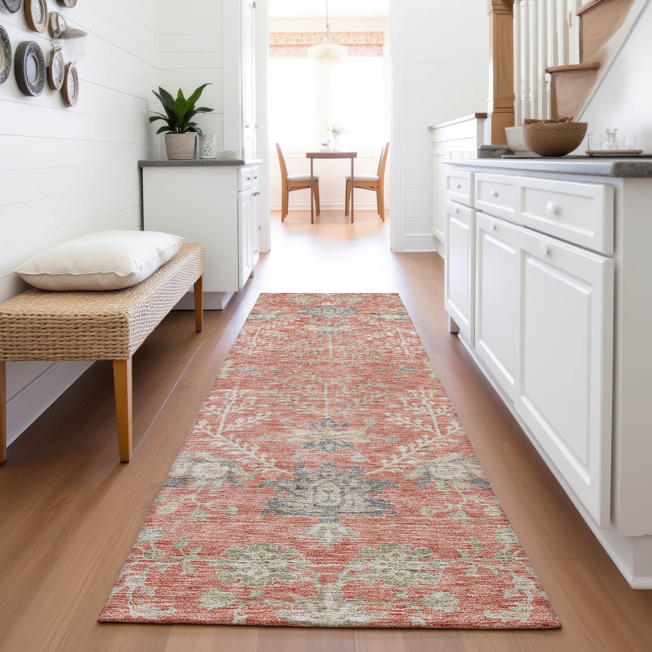 Queenstown Machine Washable Transitional Coral Orange Rug 2'3" x 7'6" #shape_Runner