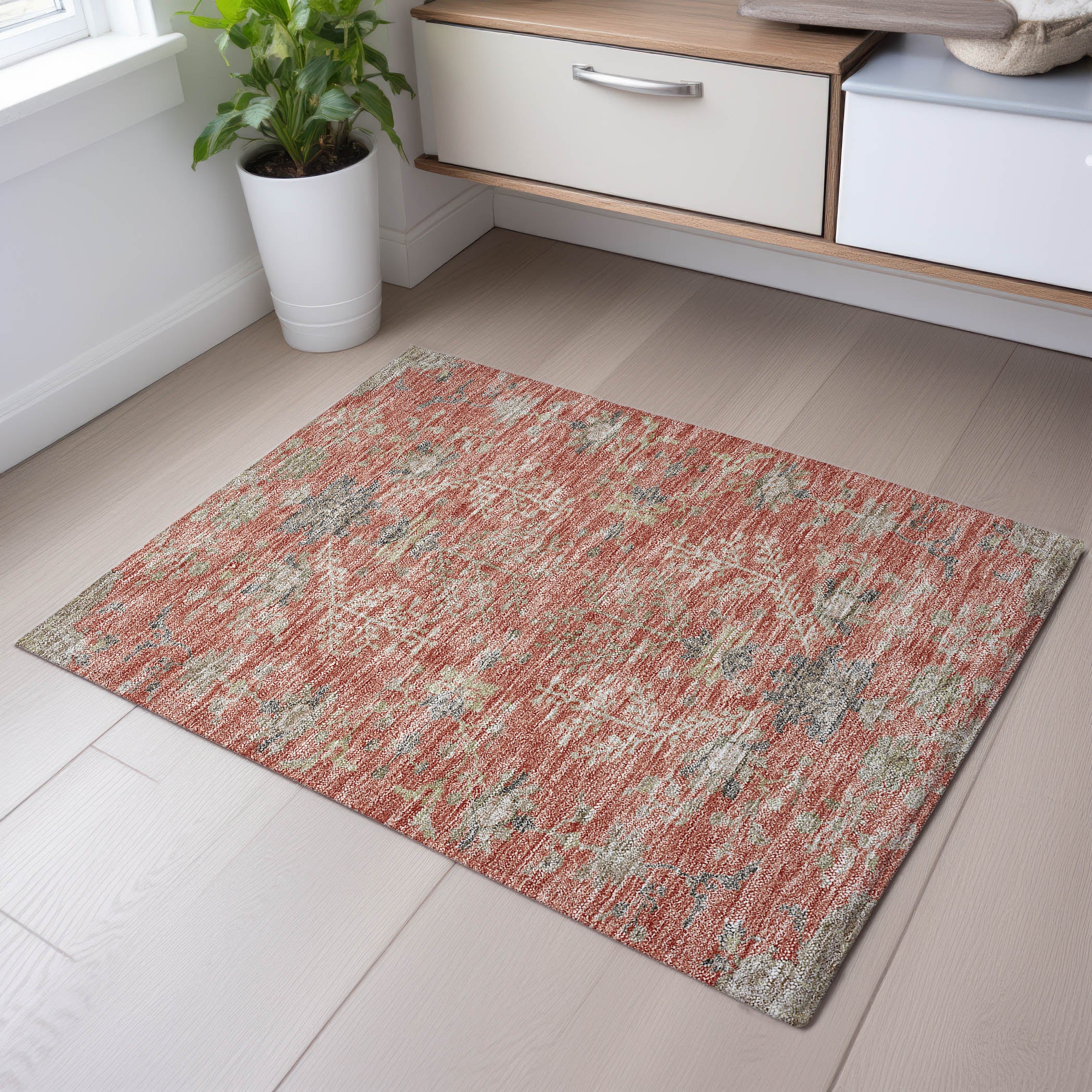 Queenstown Machine Washable Transitional Coral Orange Rug 1'8" x 2'6" #shape_Rectangle