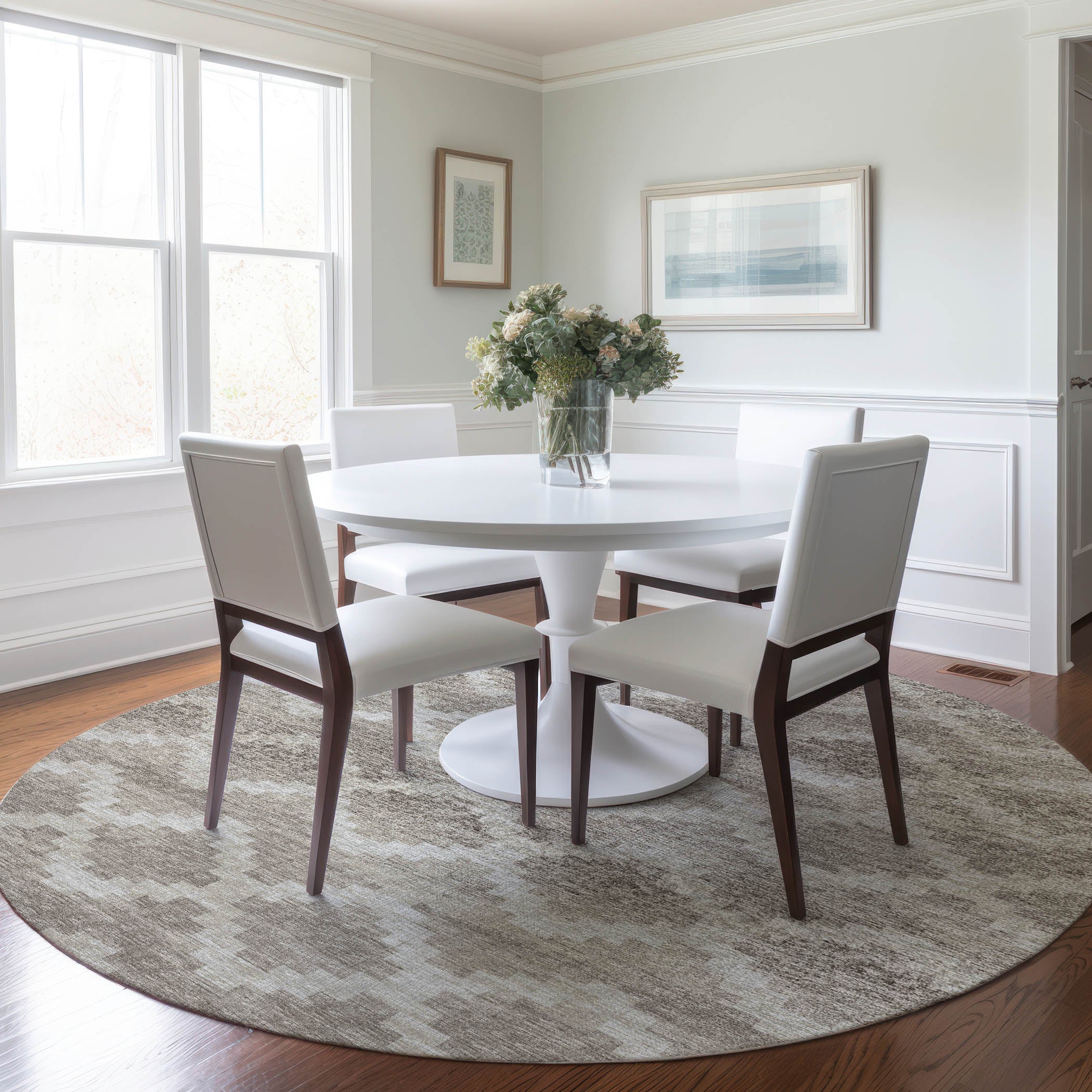 Queenstown Machine Washable Transitional Tan Neutral Rug 8' x 8' #shape_Round