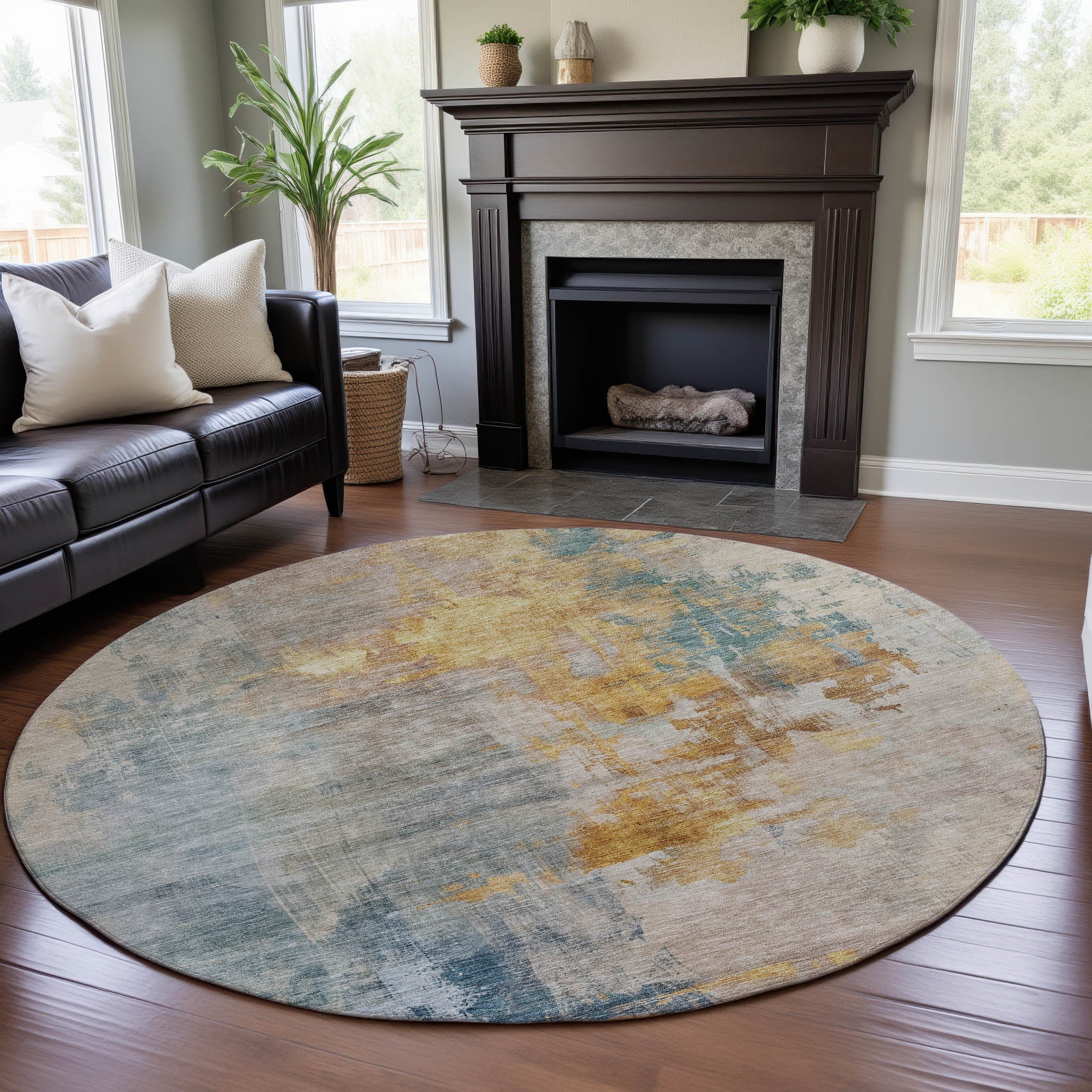 Montevideo Machine Washable Transitional Linen Ivory Rug 8' x 8' #shape_Round